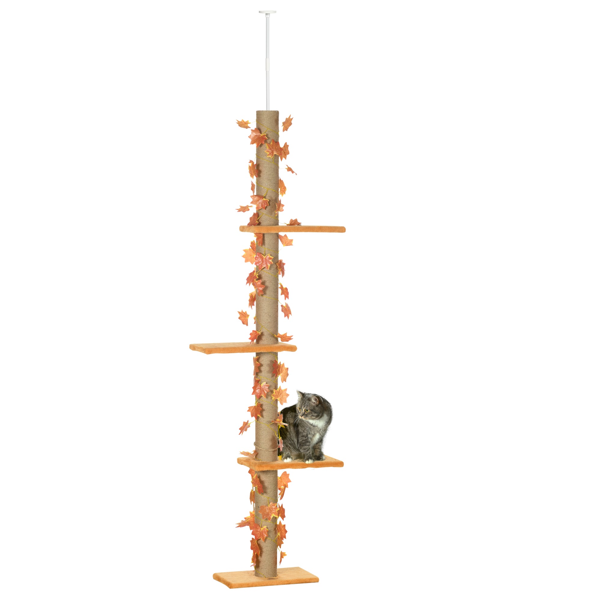 202-242cm Height Adjustable Floor to Ceiling Cat Tree for Cats with Sisal Scratching Post, 3- Tier Cat Tower