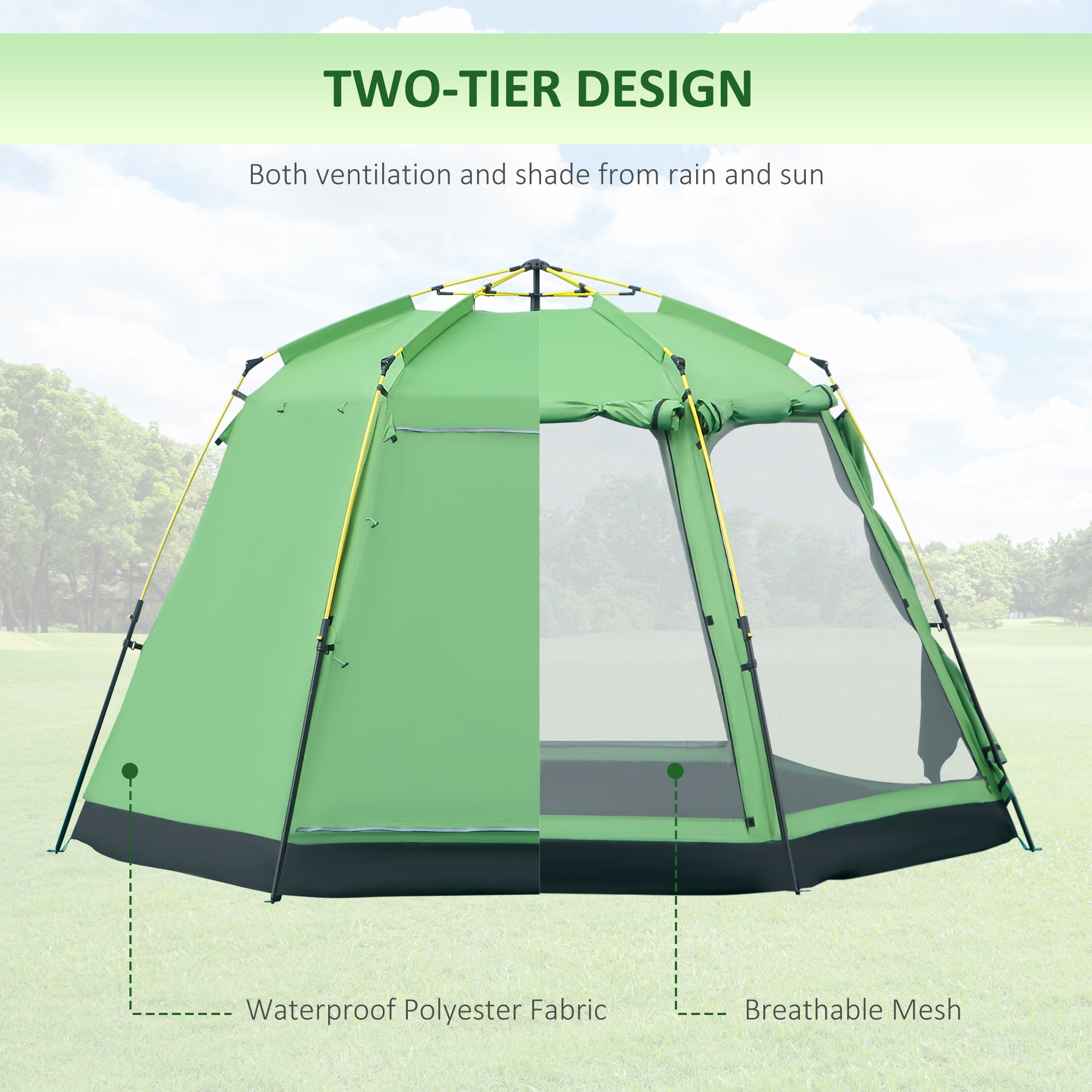 6 Person Pop Up Camping Tent, 2-Tier Design Backpacking Tent with 4 Windows 2 Doors Portable Carry Bag for Fishing Hiking, Green