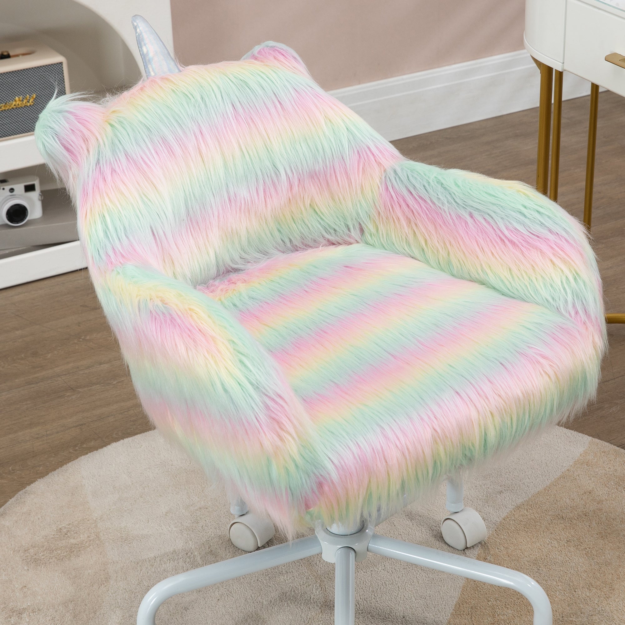 Unicorn Home Office Chair, Height Adjustable Fluffy Desk Chair with Armrests and Swivel Wheels, Colourful