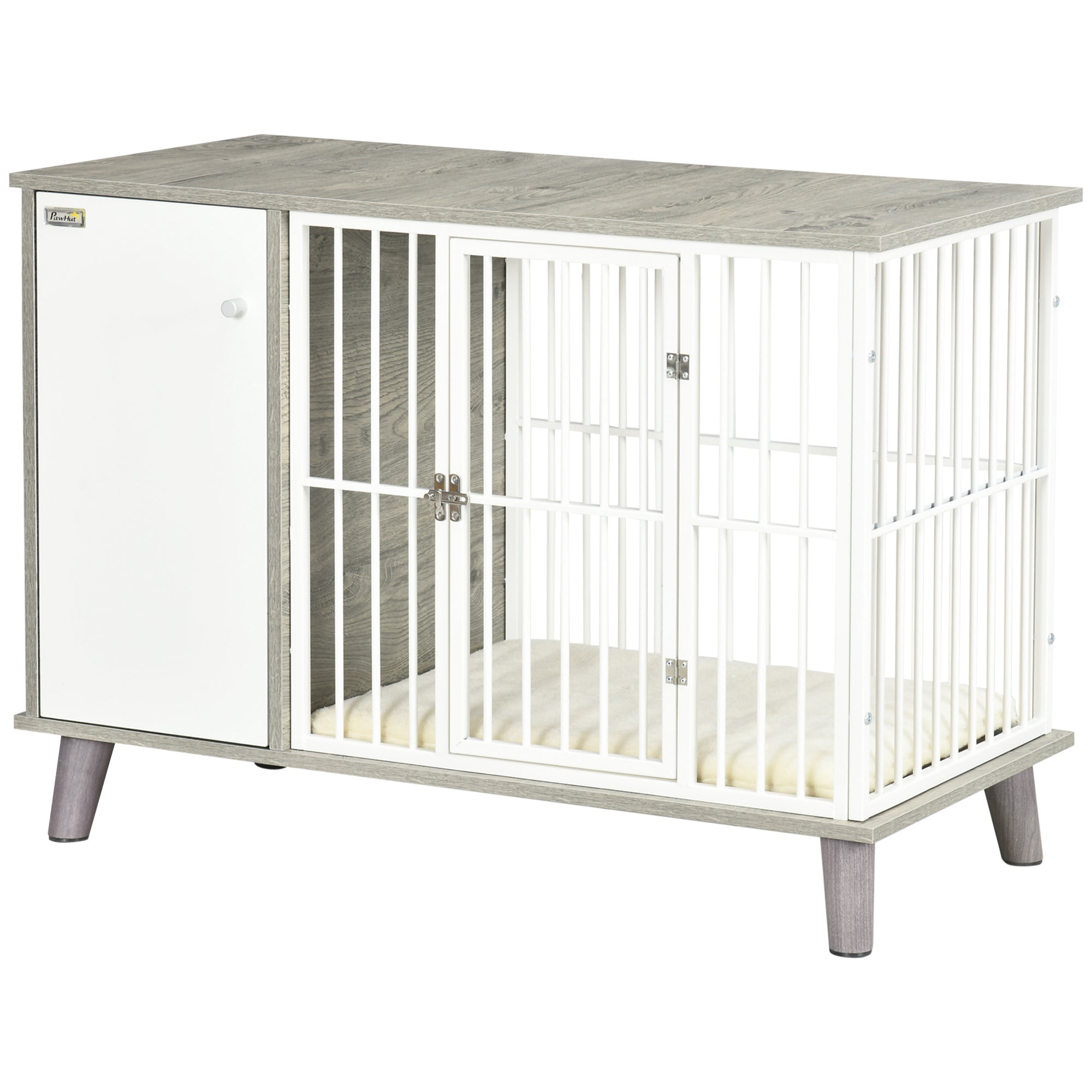 Dog Crate Furniture, Indoor Pet Kennel Cage, Top End Table w/ Soft Cushion, Lockable Door, for Small Dogs, 98 x 48 x 70.5 cm - Grey