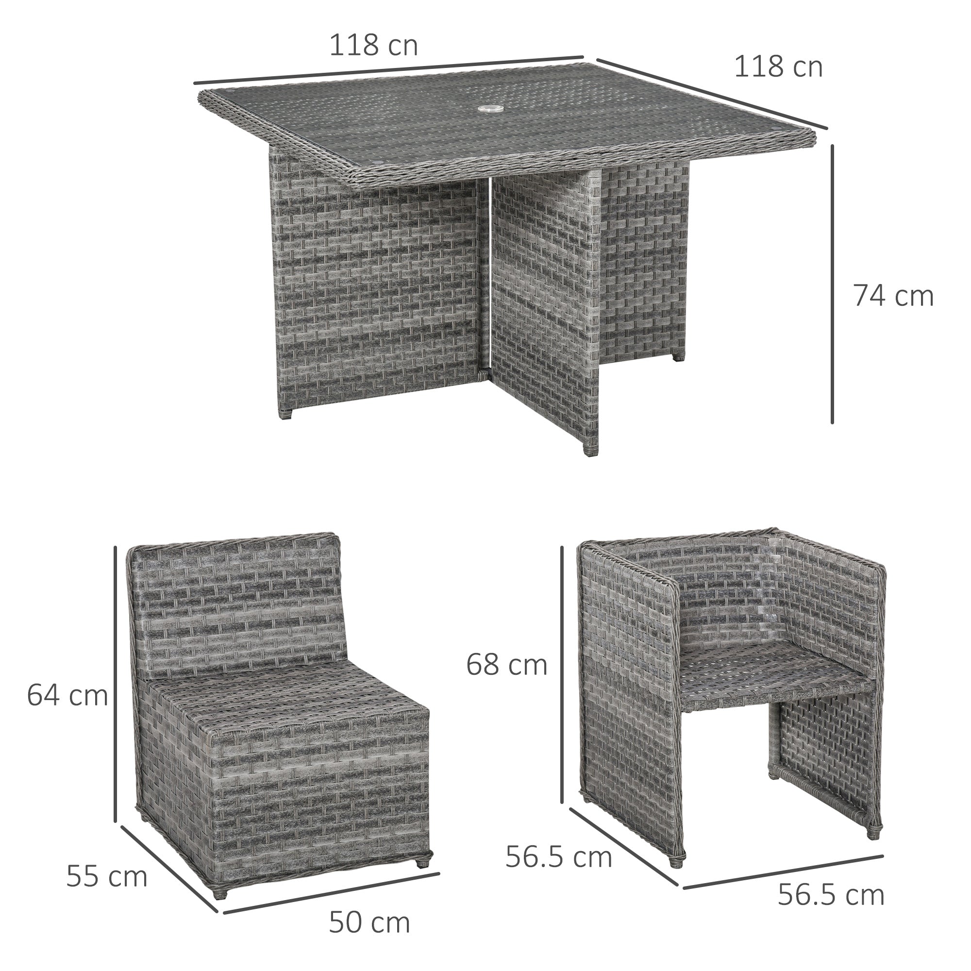 Patio 8-Seater Rattan Dining Table Chair Set Garden Wicker Cube Sofa Furniture w/ Umbrella Hole Table for Indoor & Outdoor Mixed Grey