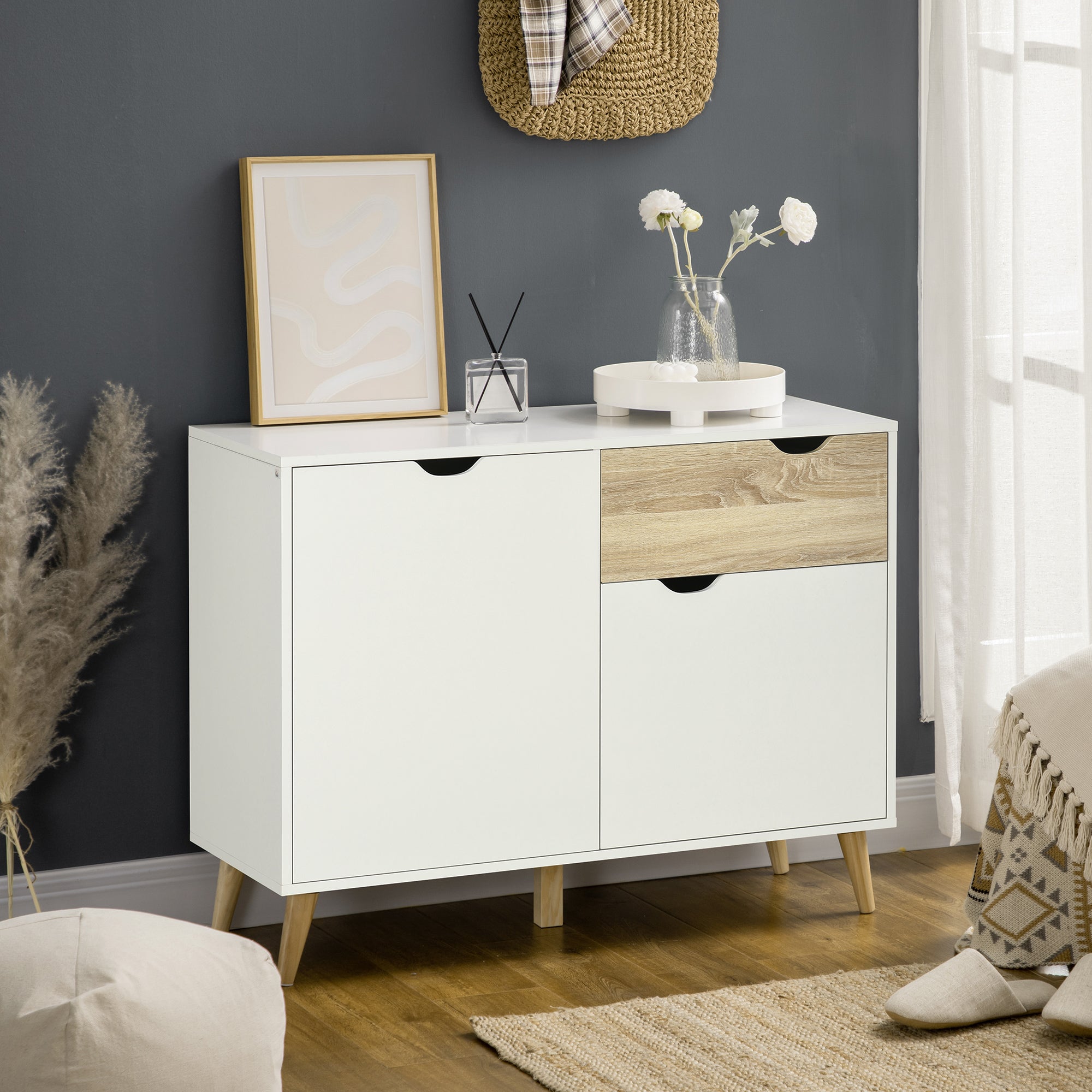 Modern Sideboard Storage Cabinet, Free Standing Accent Cupboard with Drawer, 2 Doors for Bedroom, Living Room, Hallway, White