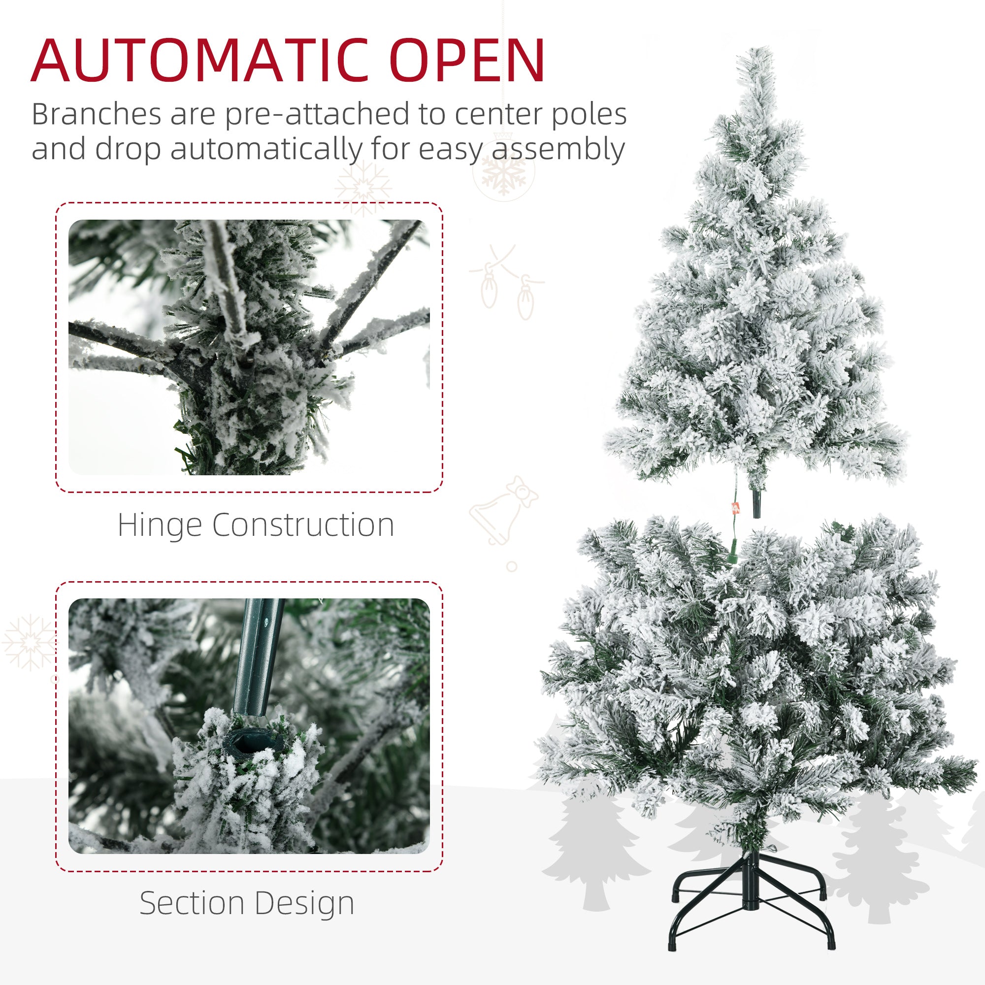 4.5' Artificial Snow Christmas Trees with Frosted Branches, Warm White or Colourful LED Lights, Steel Base