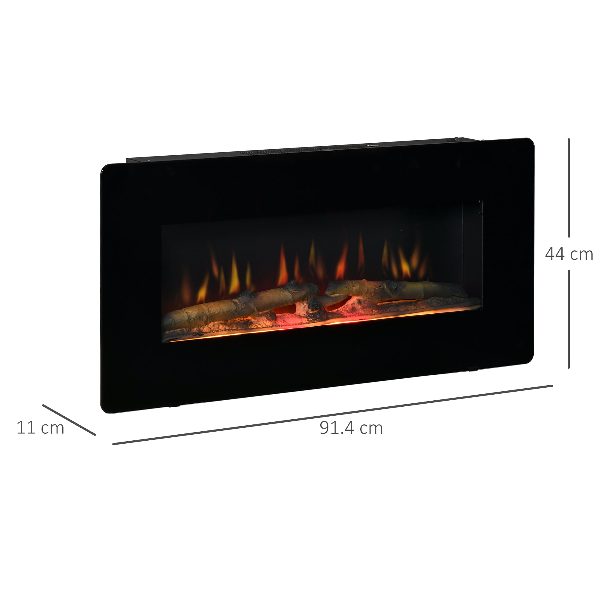 Electric Wall-Mounted Fireplace Heater with Adjustable Flame Effect, Remote Control, Timer, 1800/2000W, Black