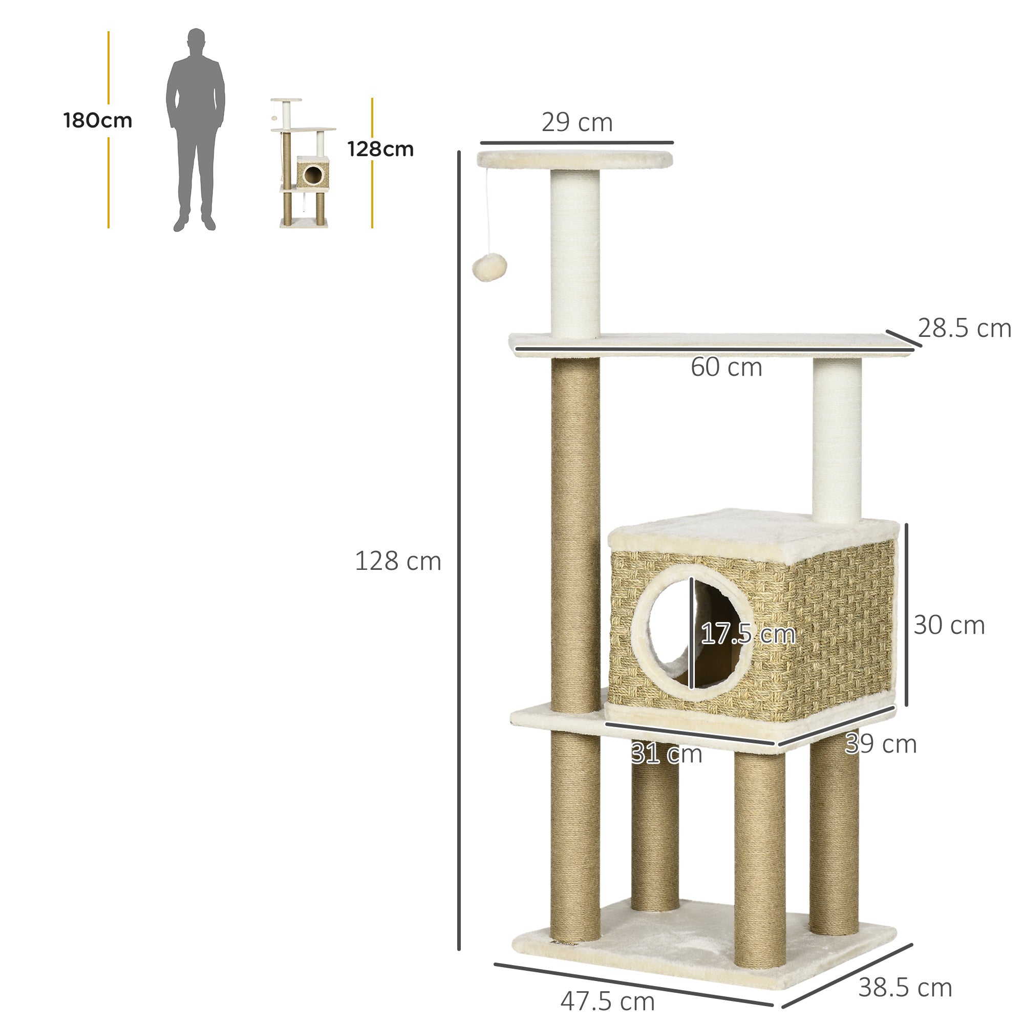 Cat Tree, Climbing Kitten Cat Tower Activity Center for Indoor Cats with Jute Scratching Post, Condo, Kitten Stand, Hanging Ball Toy, Beige