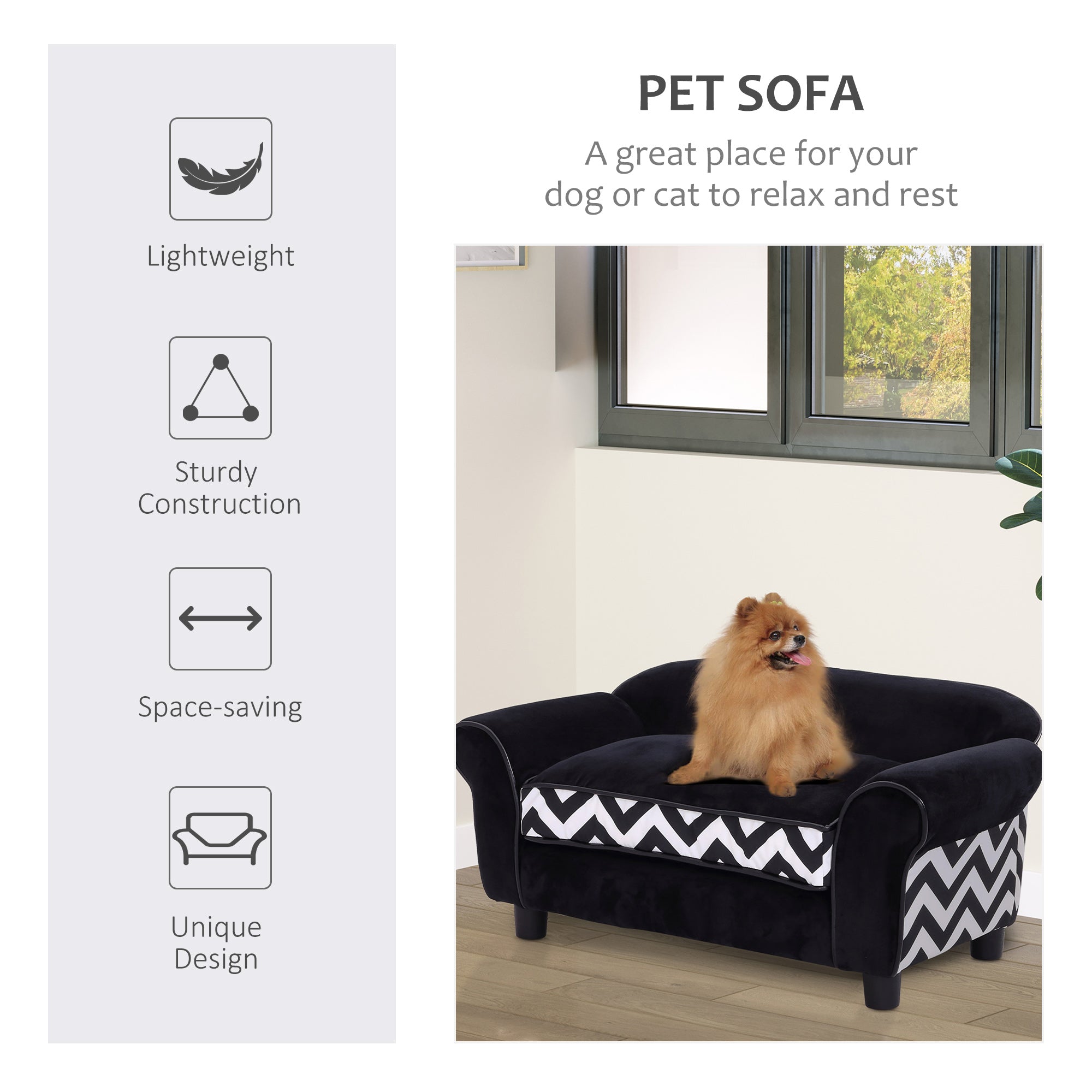 Dog Sofa Bed for XS-Sized Dogs, Pet Sofa Cat Sofa with Soft Cushion, Washable Cover, Removable Legs, Wooden Frame - Black