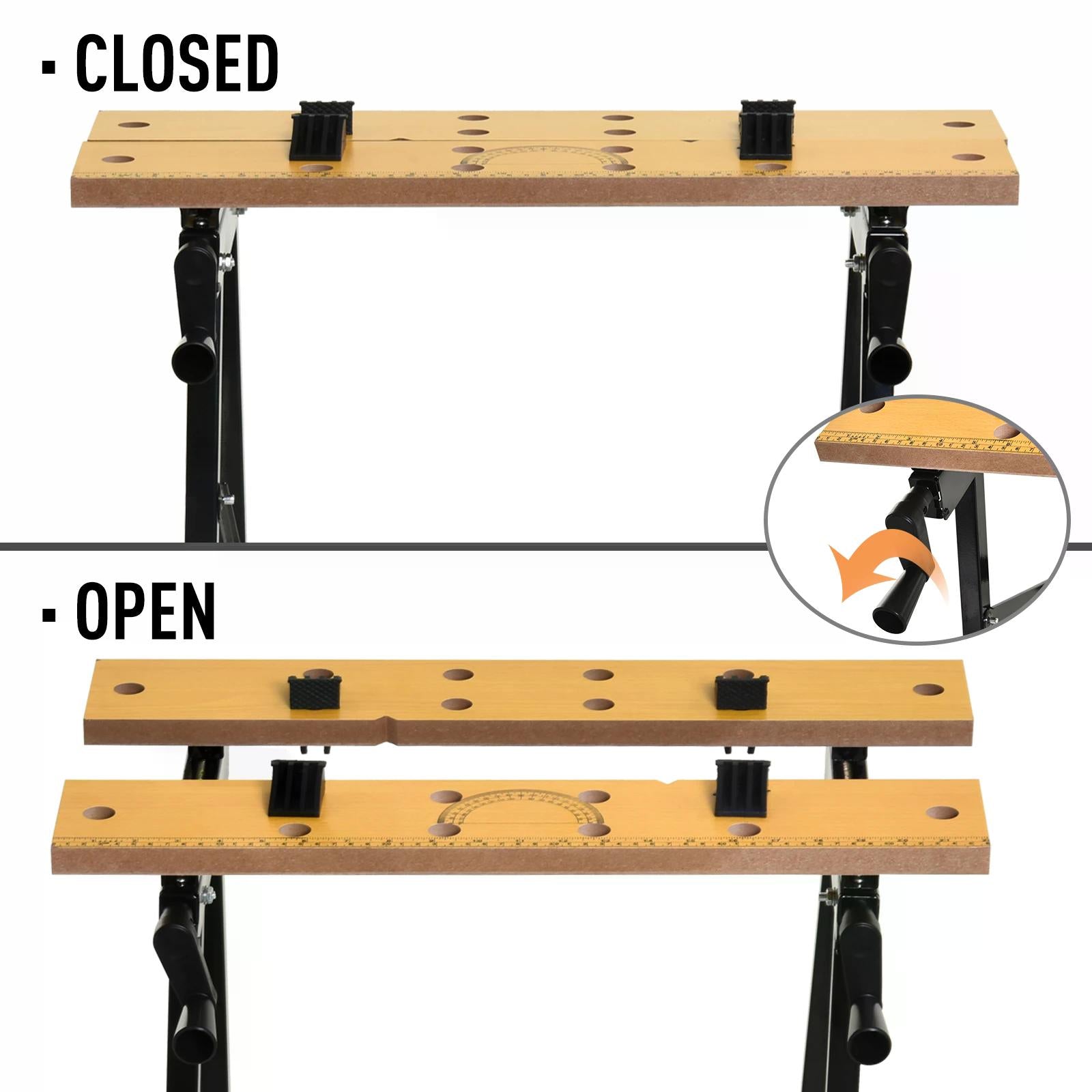 4-in-1 Work Bench, Saw Horse Folding Clamp Table w/ 4 Adjustable Clamping Pegs for DIY Home Garage, Black