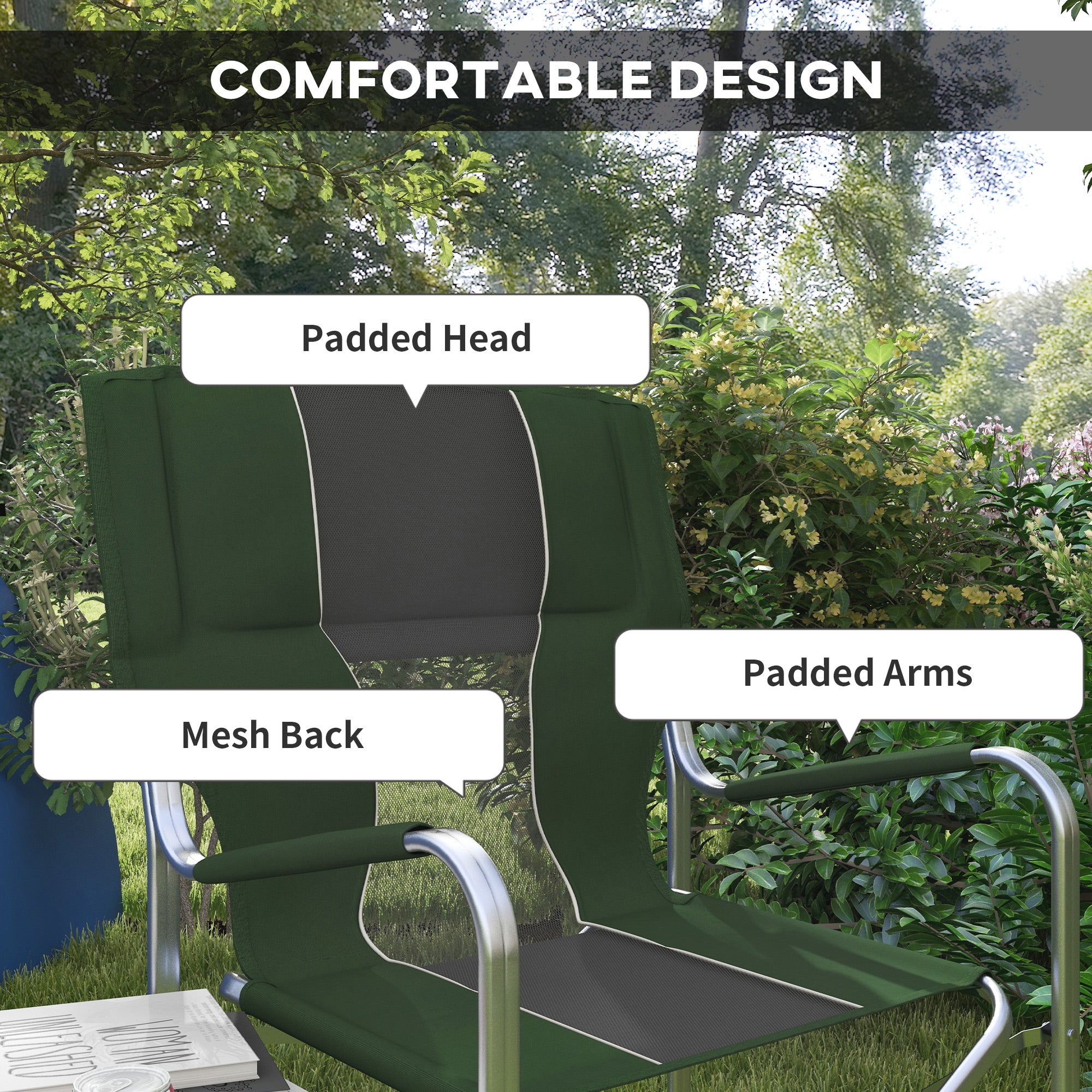 Aluminium Directors Chair, Folding Camping Chair for Adults with Side Table, Cup Holder, Cooler Bag and Pocket, Green