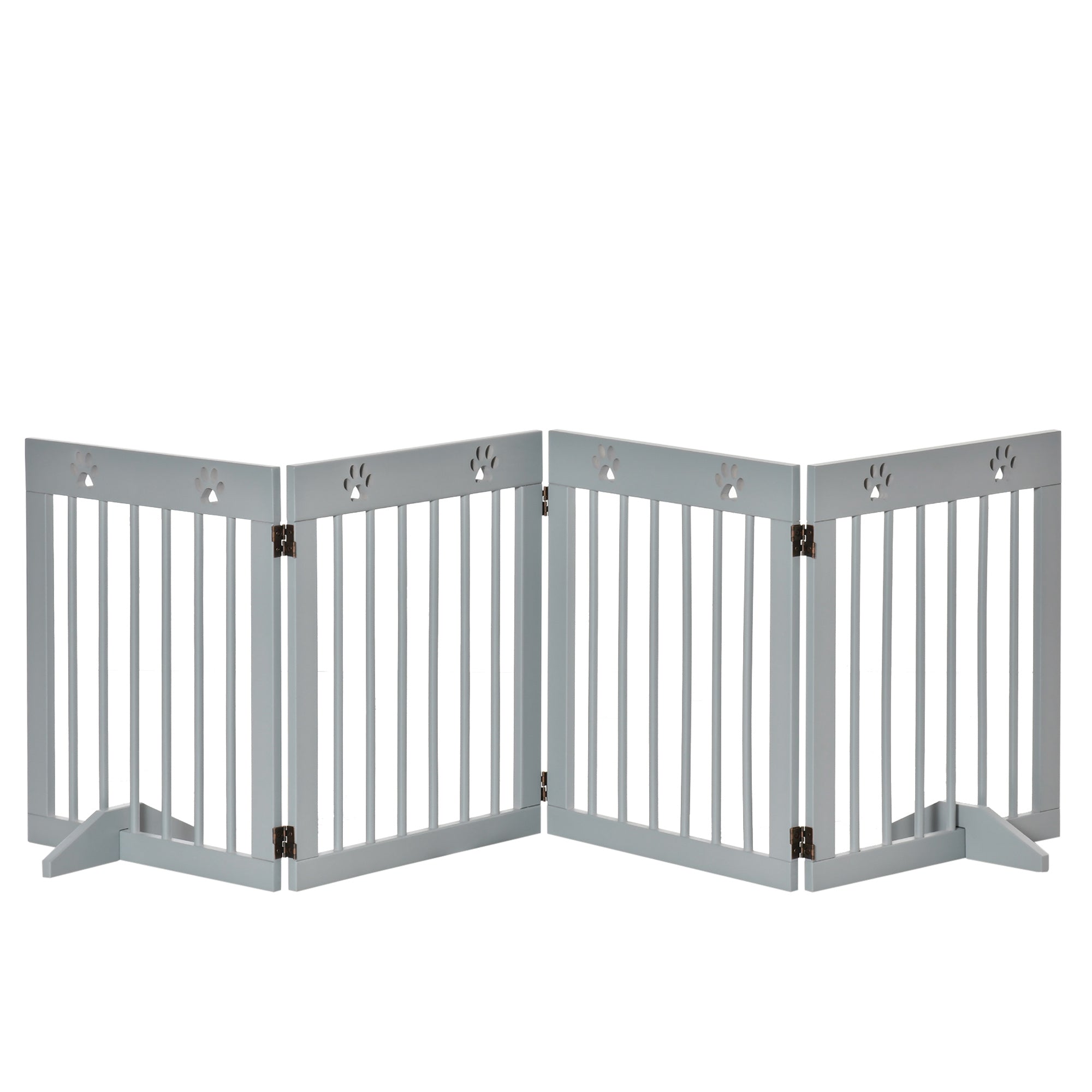 Pet Gate 4 Panel Wooden Dog Barrier Freestanding Folding Safety Fence with Support Feet up to 204cm Long 61cm Tall Light Grey