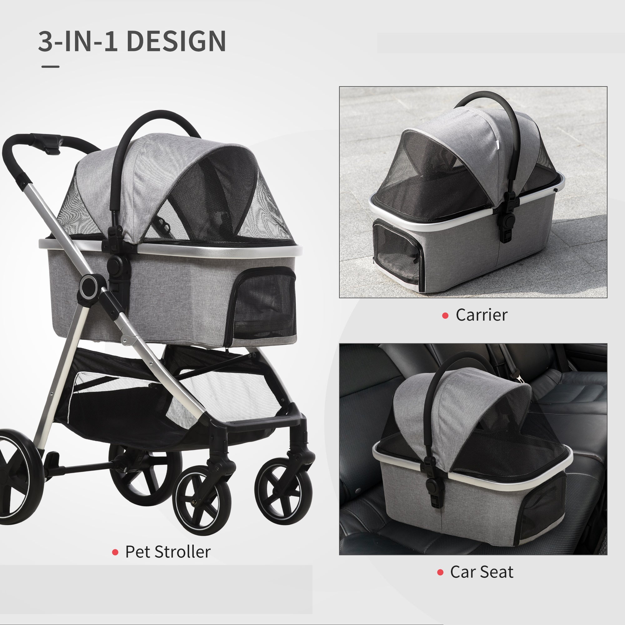 3-In-1 One Click Foldable Pet Stroller Detachable Dog Cat Travel Pushchair Car Seat with EVA Wheels Basket Safety Leash Cushion Light Grey