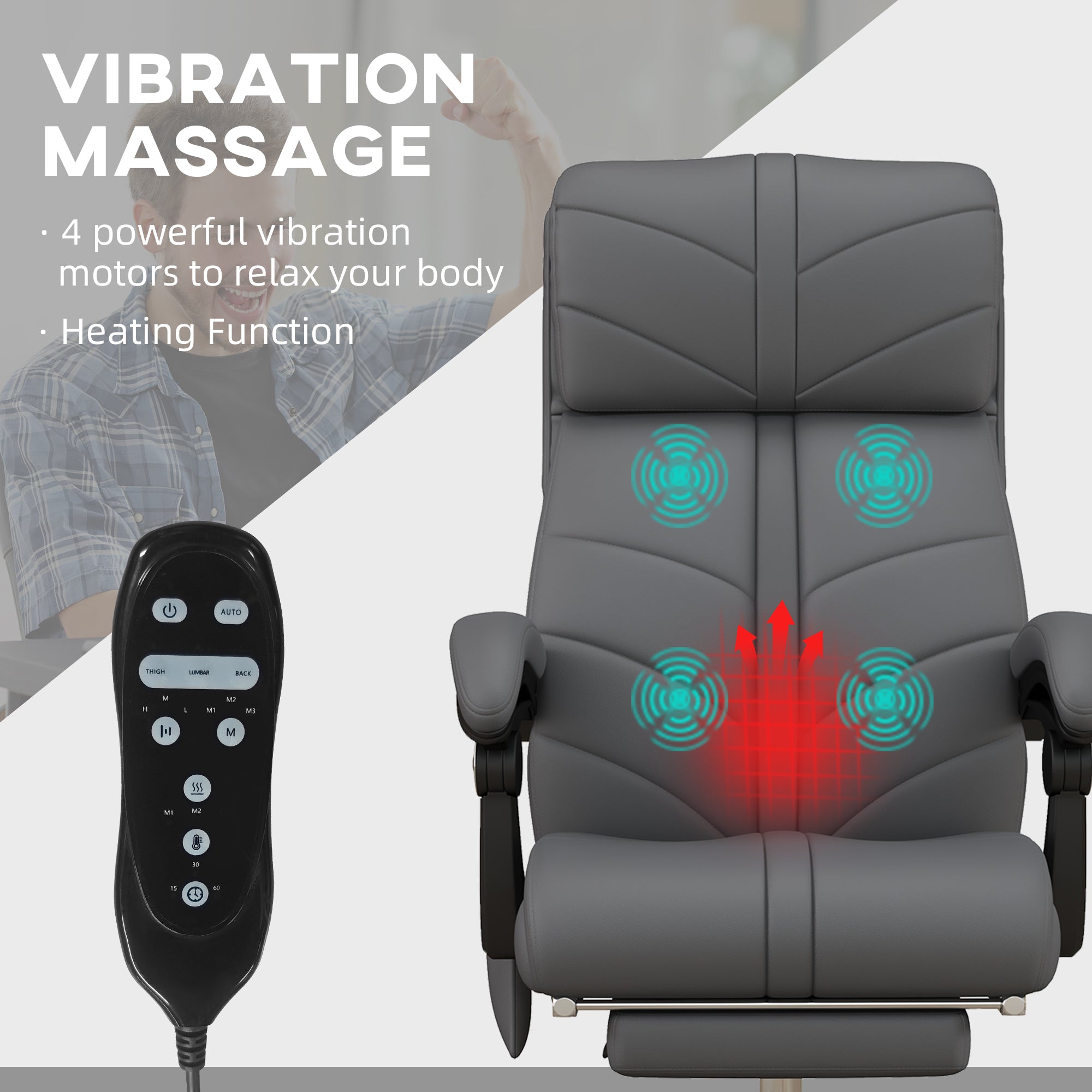 Vibration Massage Office Chair with Heat, PU Leather Computer Chair with Footrest, Armrest, Reclining Back, Grey