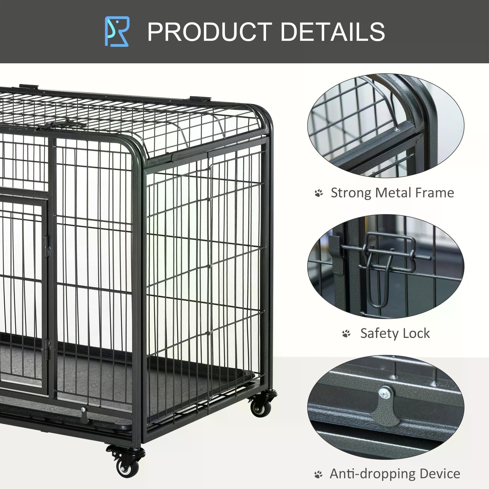 Heavy Duty Dog Crates Foldable Doge Kennel and Dog Cage Pet Playpen with Double Doors Removable Tray Lockable Wheels 125cm x 76cm x 81cm.