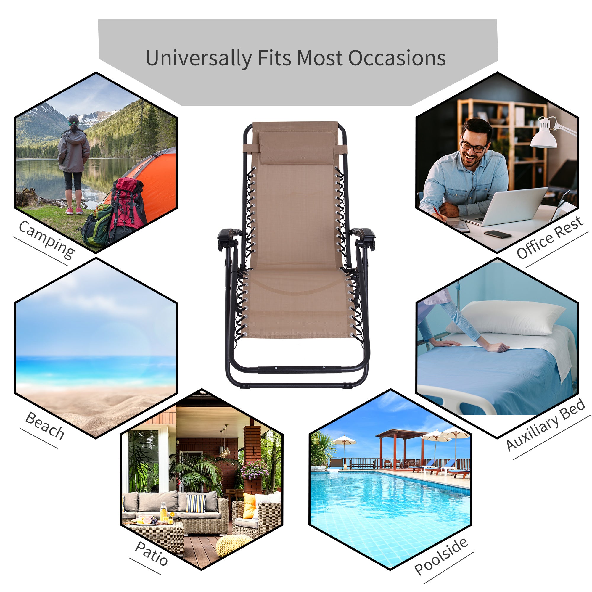 Zero Gravity Chair Metal Frame Armchair Outdoor Folding & Reclining Sun Lounger with Head Pillow for Patio Decking Gardens Camping, Beige