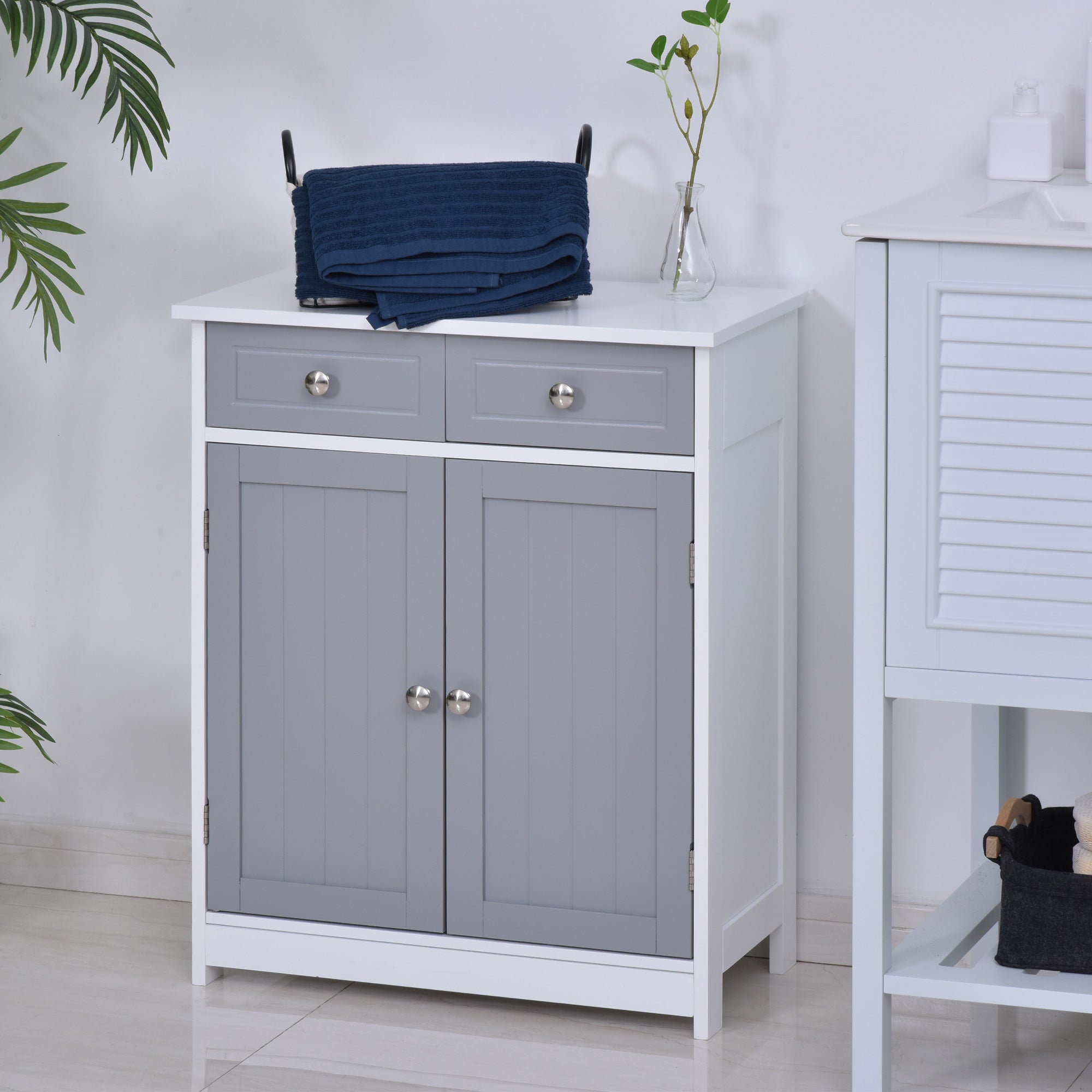 Bathroom Storage Cabinet Free-Standing Bathroom Cabinet Unit w/ 2 Drawers Cupboard Adjustable Shelf Metal Handles 75x60cm - Grey and White