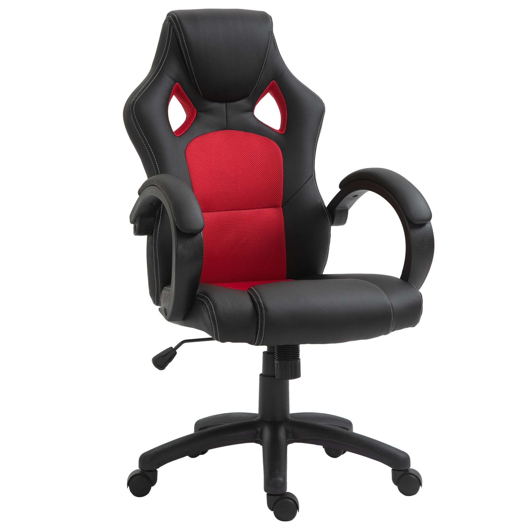 Swivel Desk Chair with Wheels, High Back Faux Leather Computer Chair for Home Office with Armrests, Black & Red