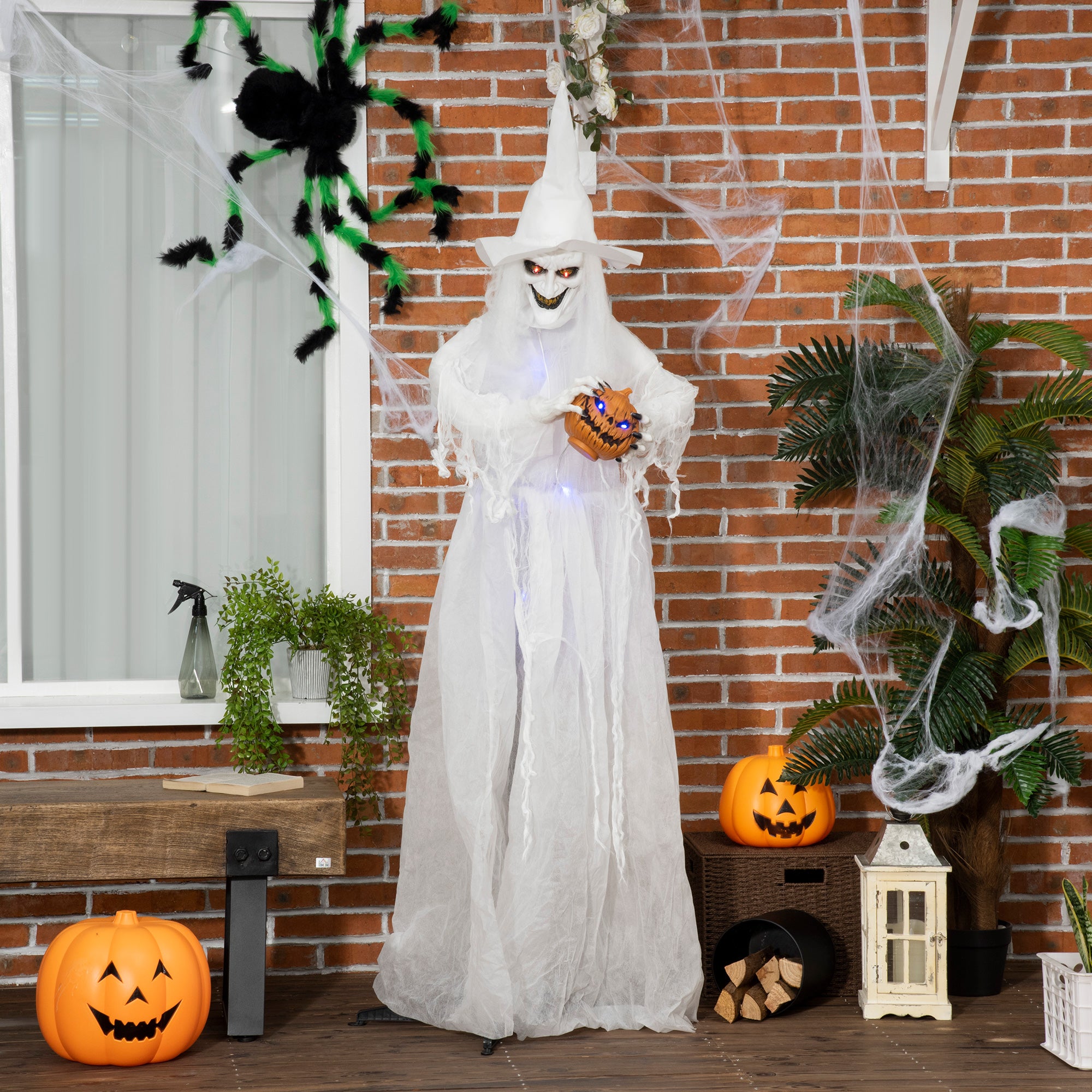 72 Inch Life-Size White Witch Halloween Decoration with Motion-Activated Light-Up Eyes - White