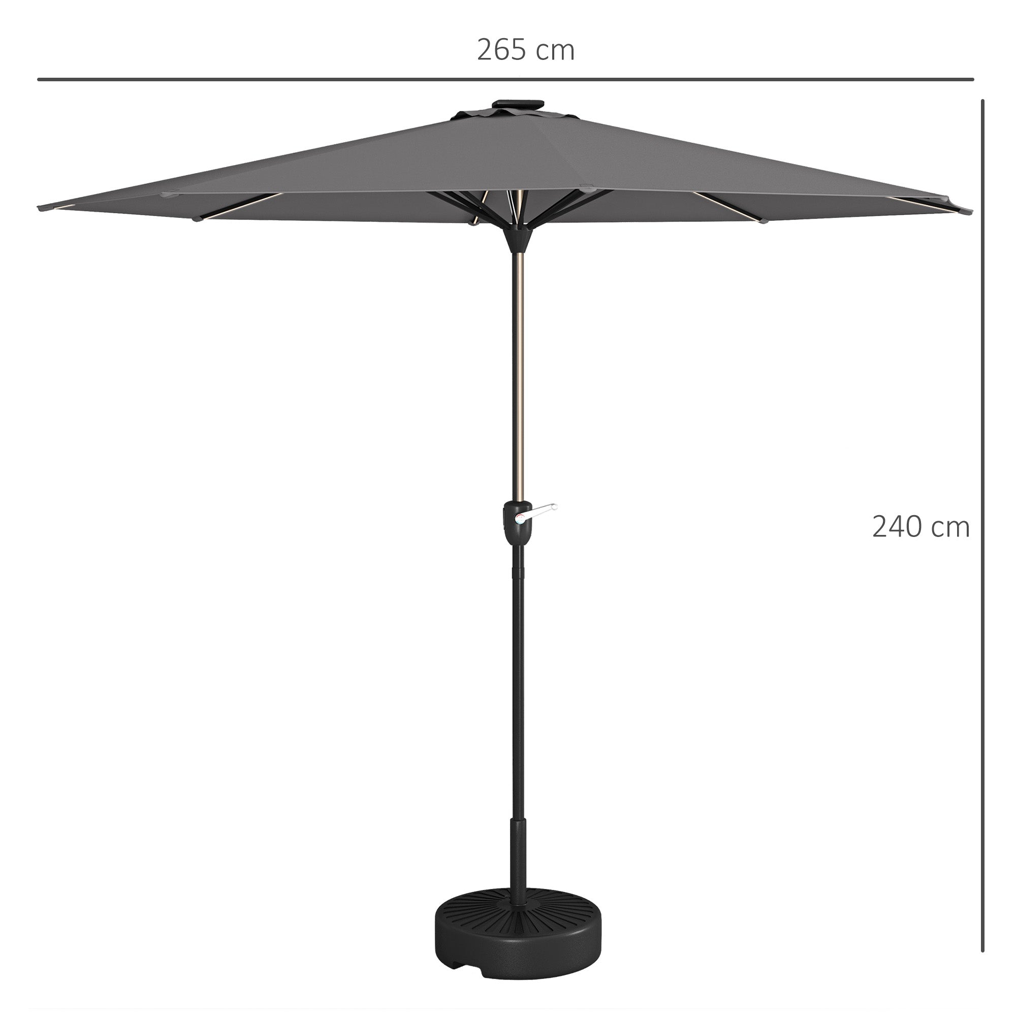 Garden Parasol with LED Lights, Solar Charged Patio Umbrella with Crank Handle, for Outdoor, Charcoal Grey