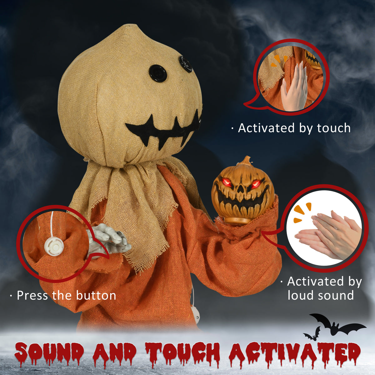 80cm Halloween Scarecrow Decoration with Light-Up Eyes and Sound Activation - Multi-Coloured