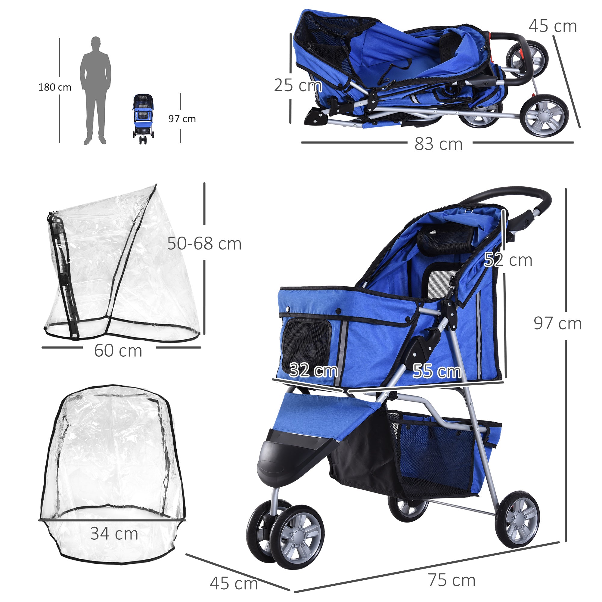 Dog Stroller with Cover for Small Miniature Dogs, Folding Cat Pram Dog Pushchair with Cup Holder, Storage Basket, Reflective Strips, Blue