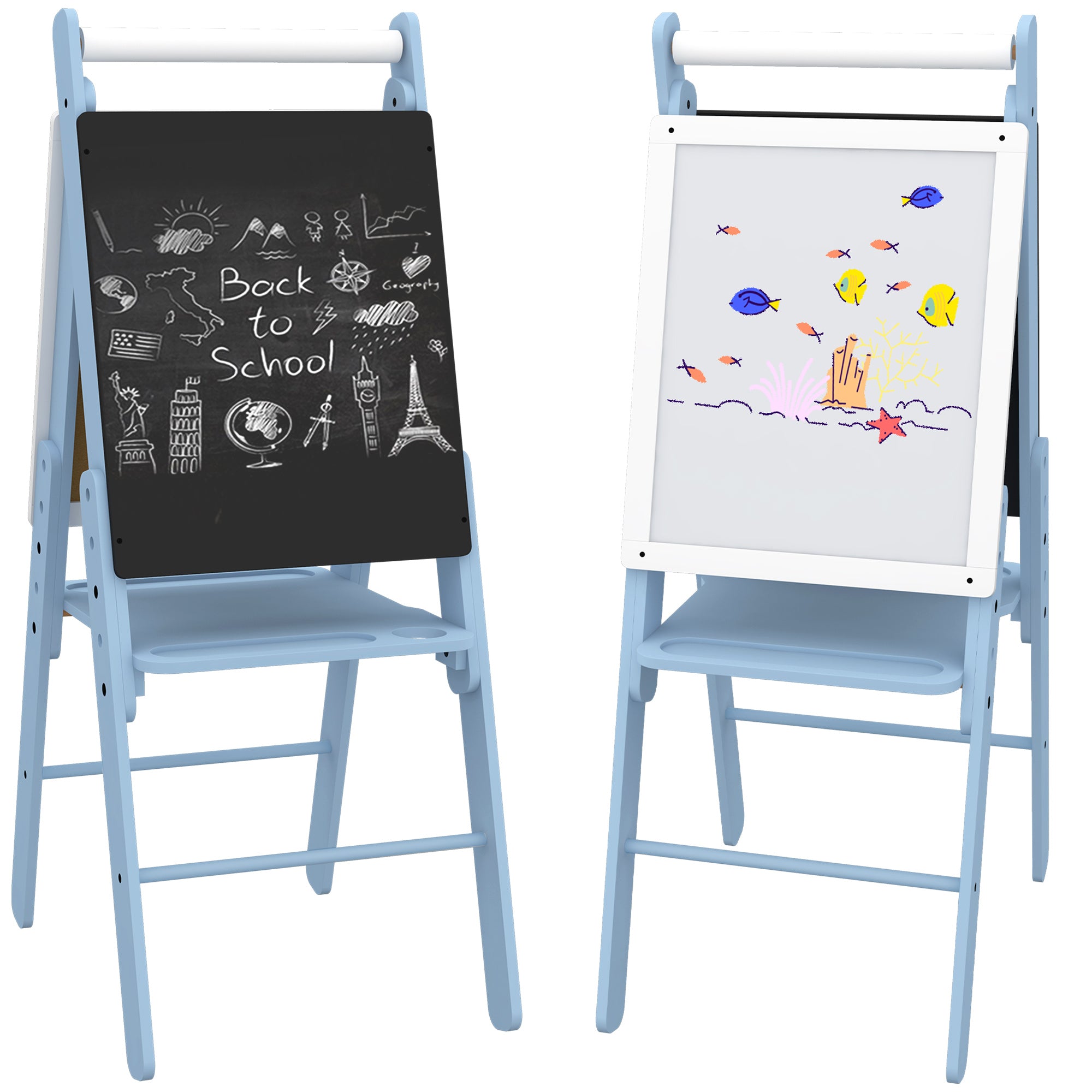 Art Easel for Kids with Paper Roll, Height Adjustable Double-Sided Whiteboard Chalkboard, 3 in 1 Easel, for Ages 3-6 Years