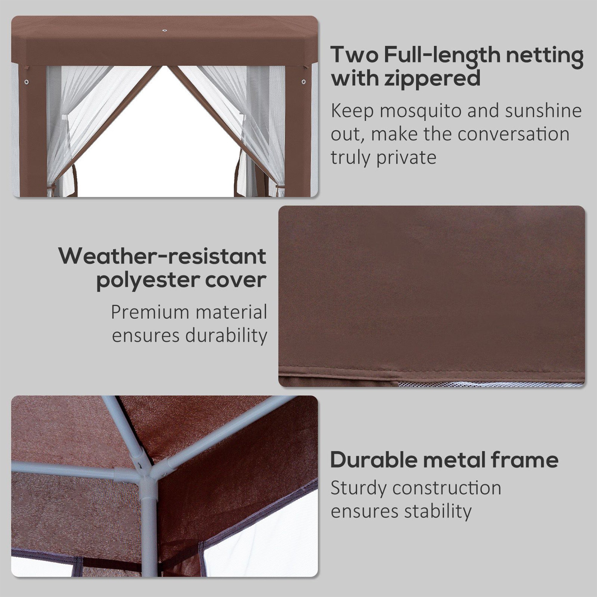 Hexagonal Garden Gazebo with Mosquito Netting and Zipped Doors - Brown