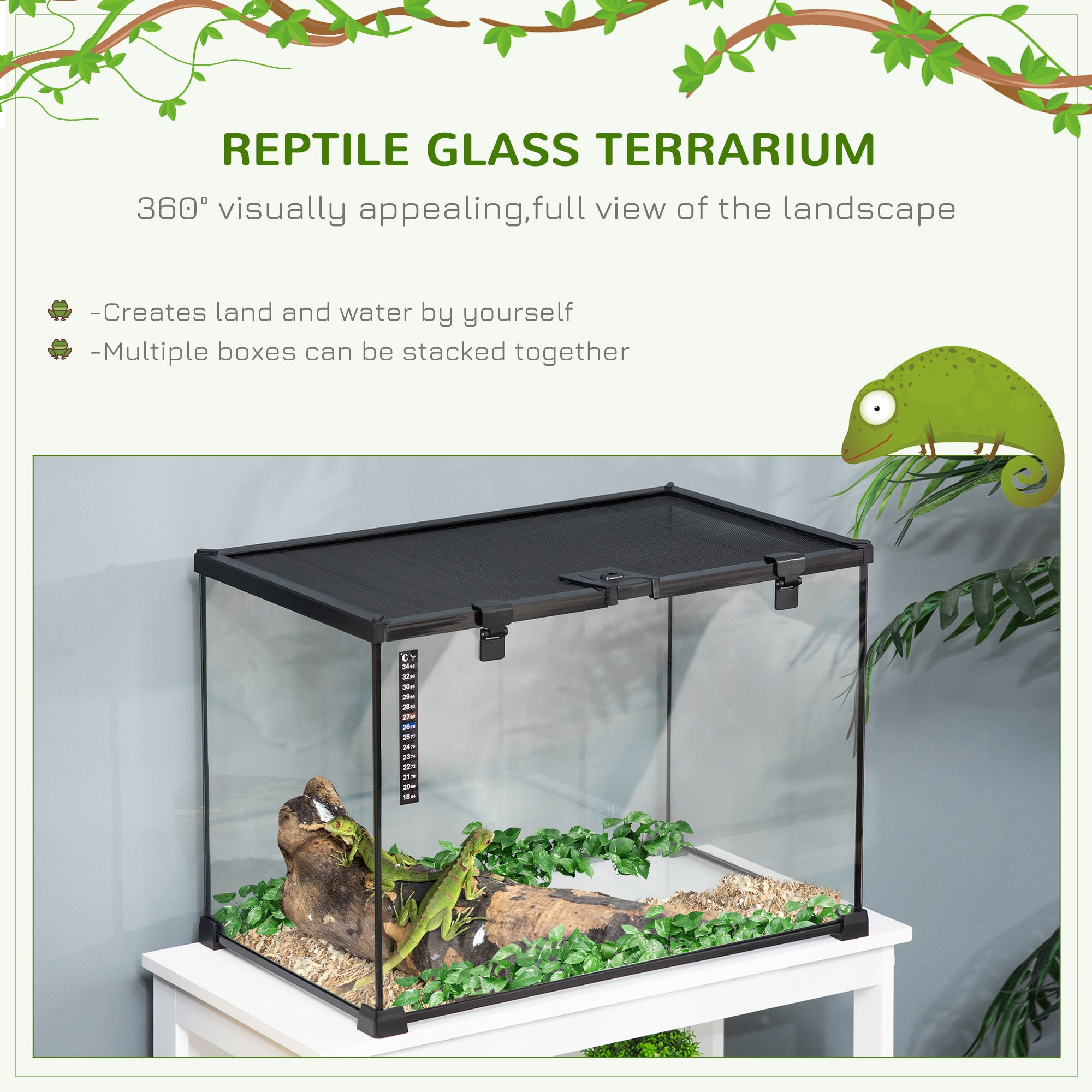 50 x 30 x 35 cm Reptile Glass Terrarium, Reptile Breeding Tank, Climbing pet Glass Containers, Arboreal Box, with Strip Patch Thermometer-Black