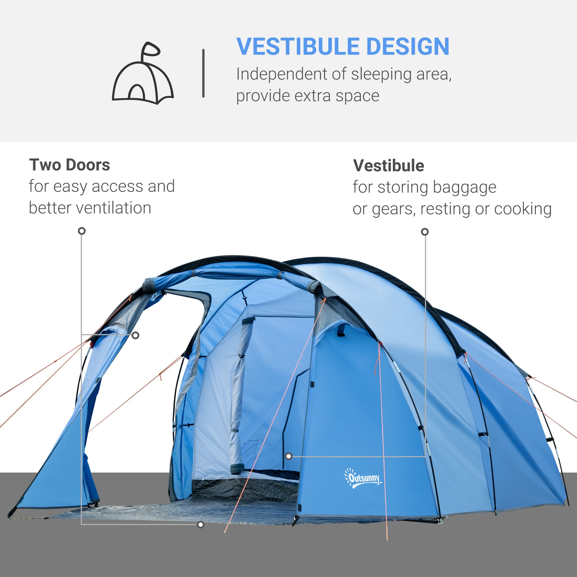 2-3 Man Tunnel Tents w/ Vestibule Camping Tent Porch Air Vents Rainfly Weather-Resistant Shelter Fishing Hiking Festival Shelter Home