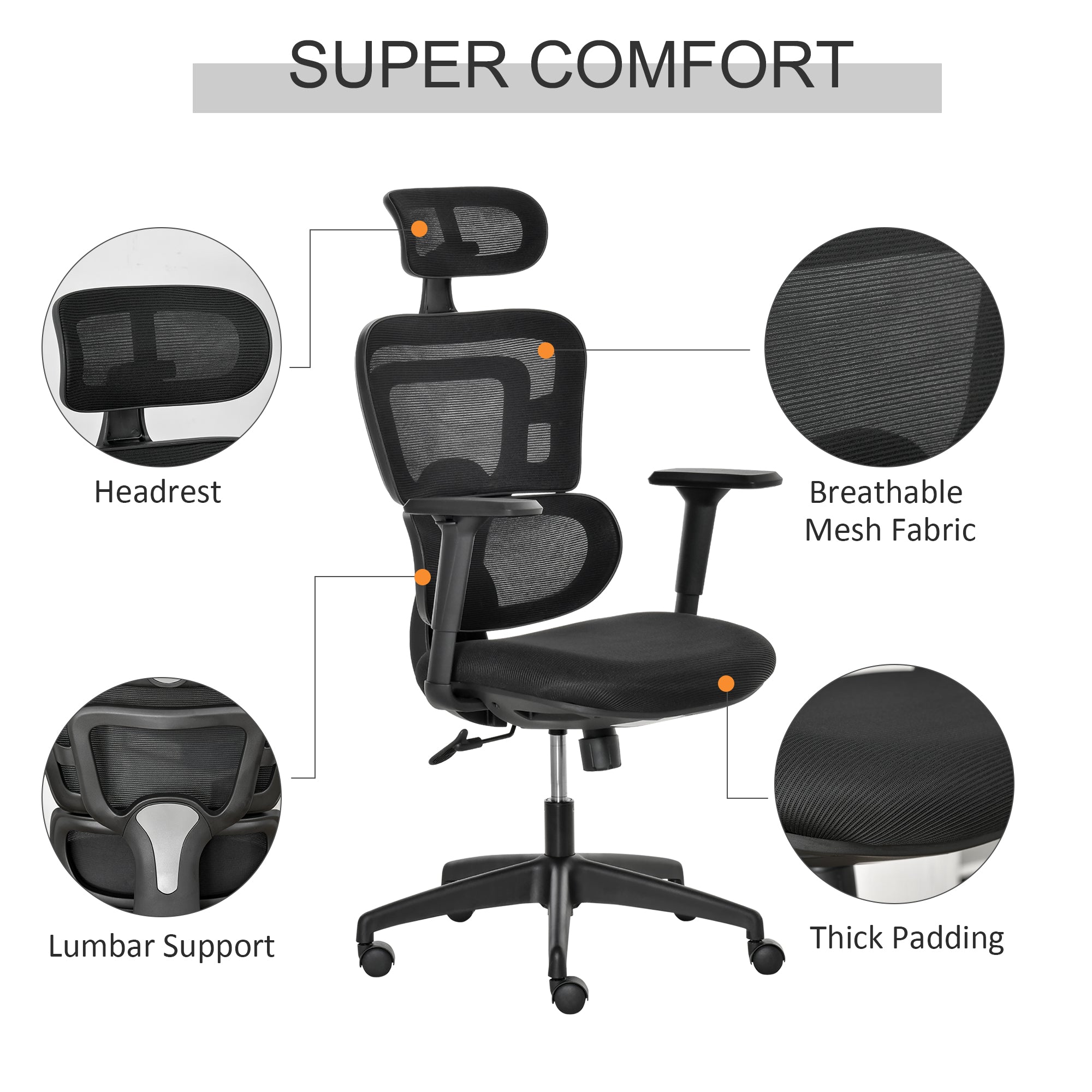 Mesh Office Chair, Ergonomic High-Back Swivel Desk Chair with Adjustable Height, Headrest, Lumbar Support, Padded Seat for Home Office Black