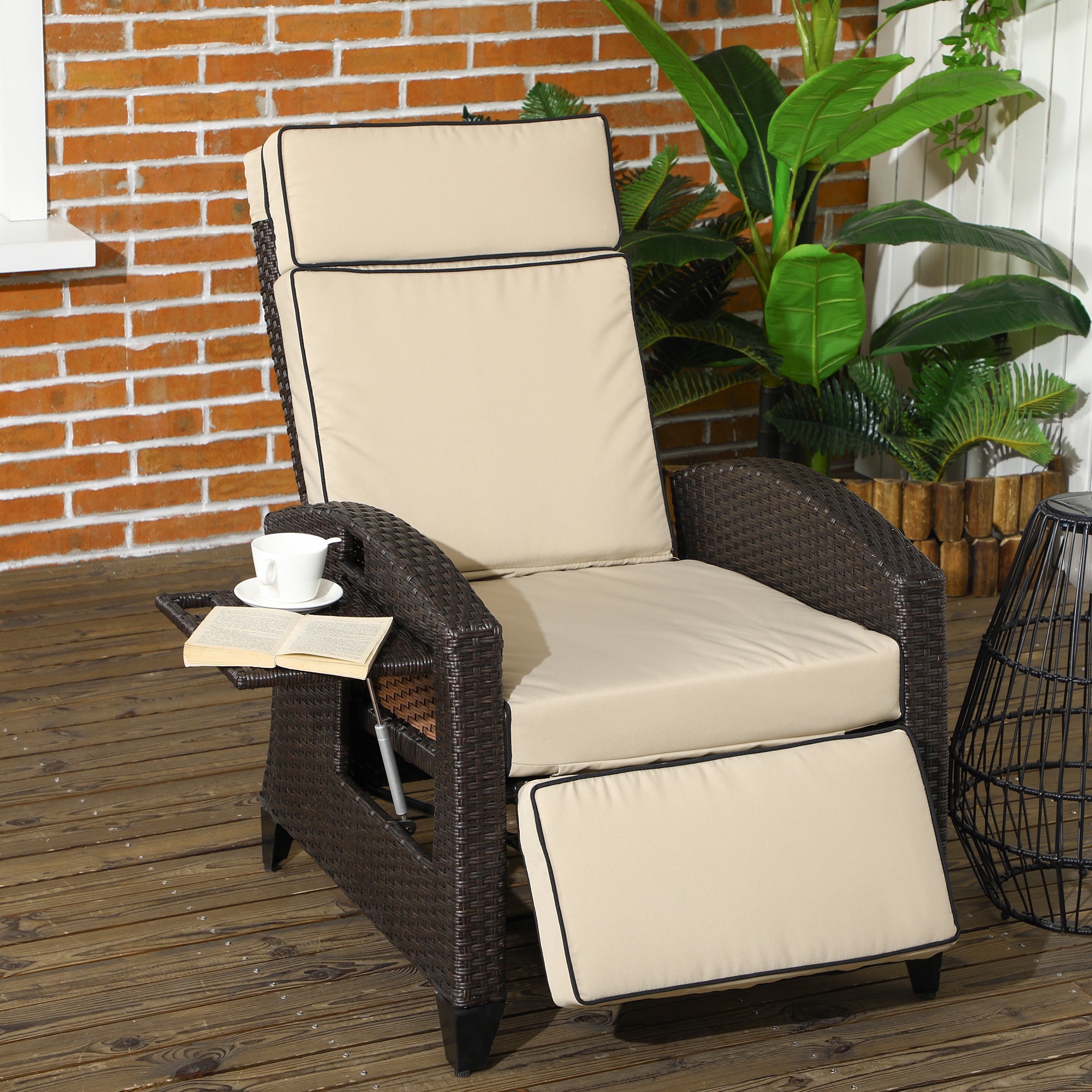 Outdoor Recliner Chair with Adjustable Backrest and Footrest, Cushion, Side Tray, Brown