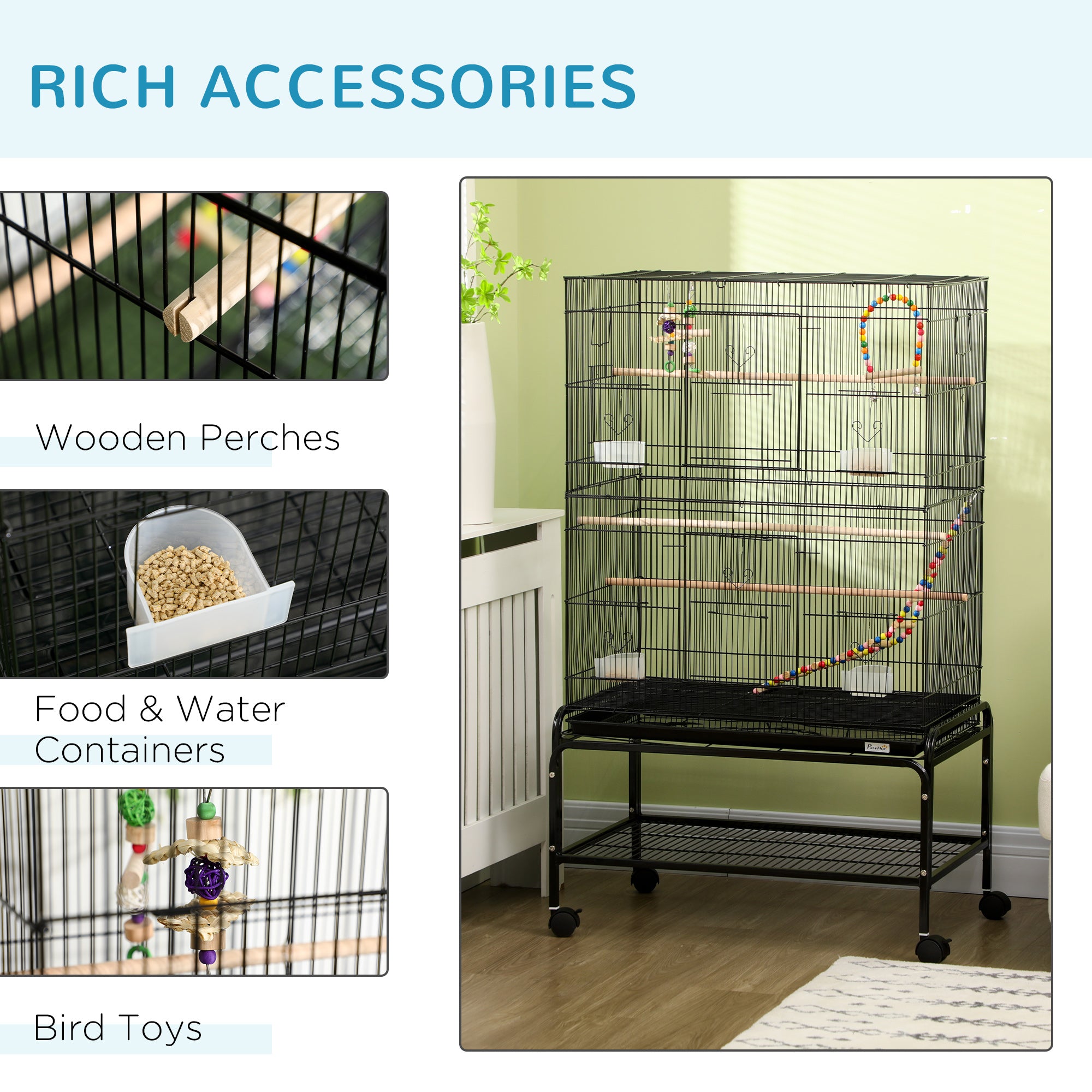 Bird Cage with Stand, Toys, Wheels, for Canaries, Finches, Lovebirds, Parakeets, Budgie Cage with Accessories, Storage Shelf, Black