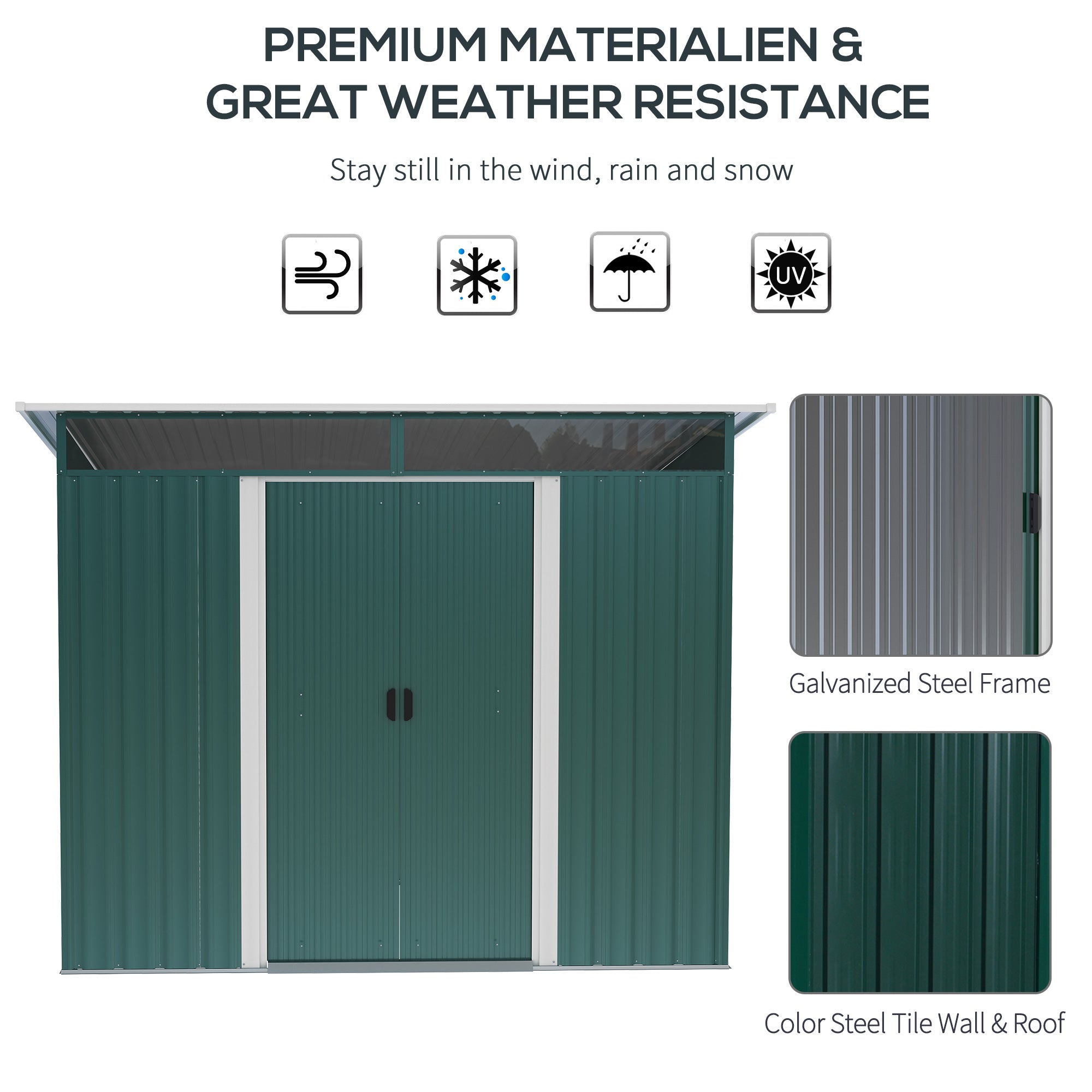 Pent Roofed Metal Garden Shed House Hut Gardening Tool Storage w/ Ventilation 260L x 194W x 200H cm