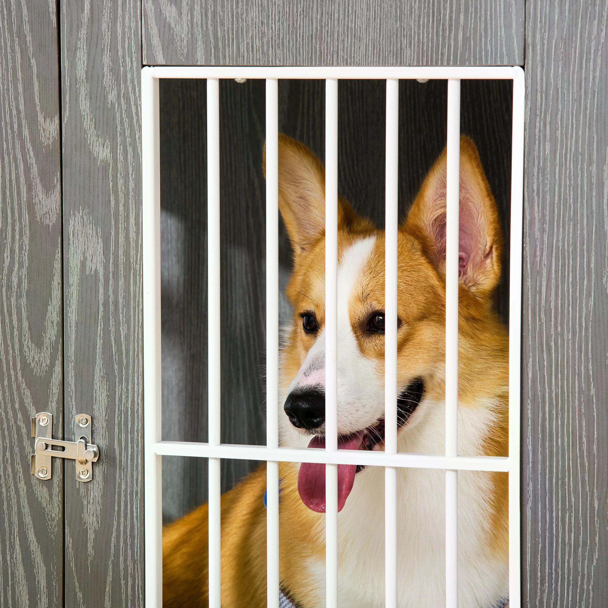 Dog Crate, Wooden Pet Kennel Cage with Lockable Door and Adjustable Foot Pads, Modern Design, Grey and White