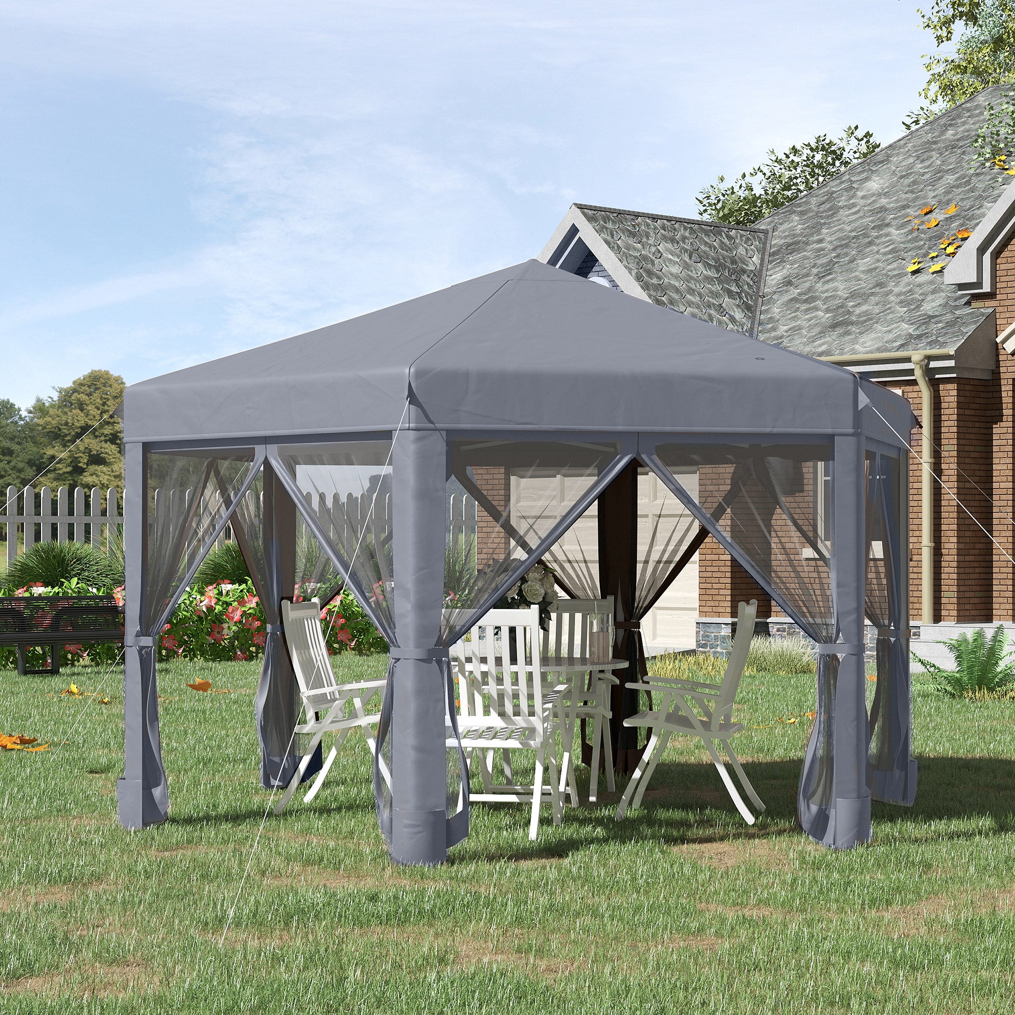 3.2m Canopy Rentals Pop Up Gazebo Hexagonal Canopy Tent Outdoor Sun Protection w/ Mesh Sidewalls, Handy Bag, Grey