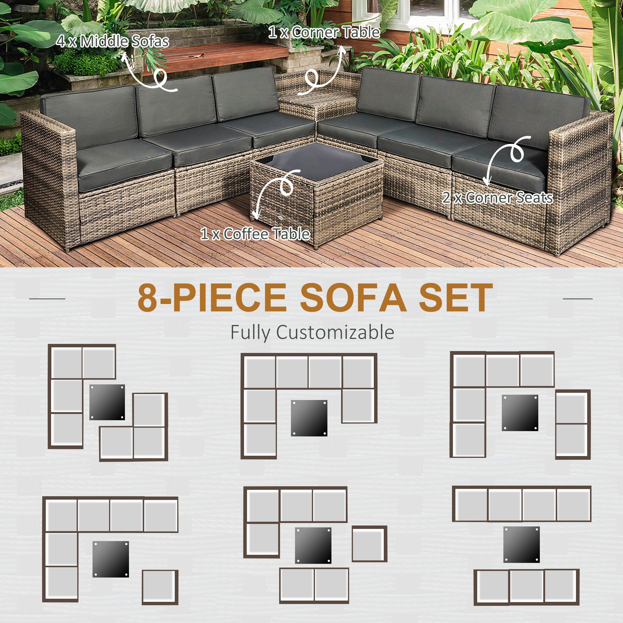 8 Piece Outdoor Rattan Sofa Set with Cushions and Storage - Mixed Brown