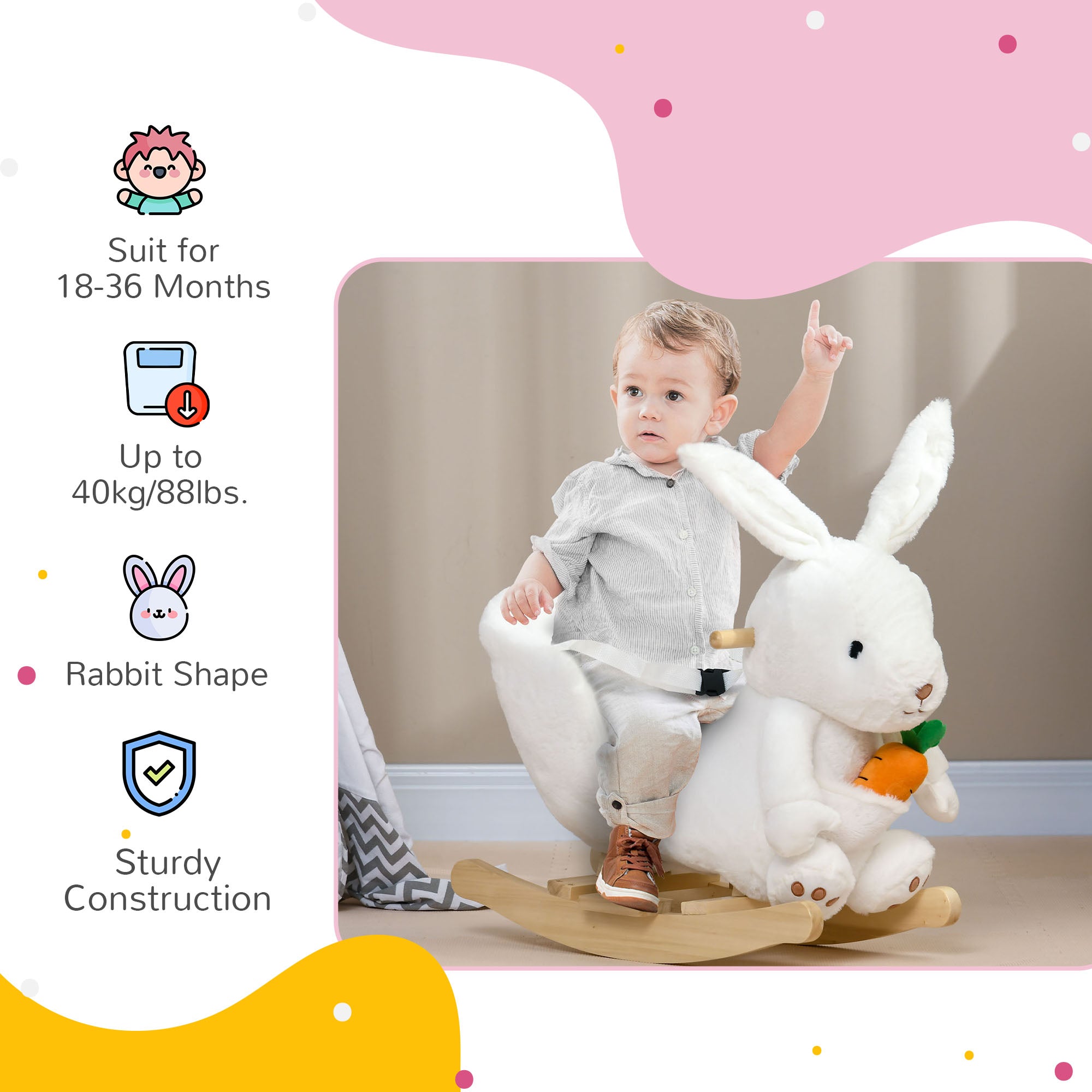 Kids Rocking Horse, Plush Rocking Chair Rabbit Shape w/ Safety Harness, Realistic Sound, Foot Pedals, for Toddler Aged 18-36 Months, White