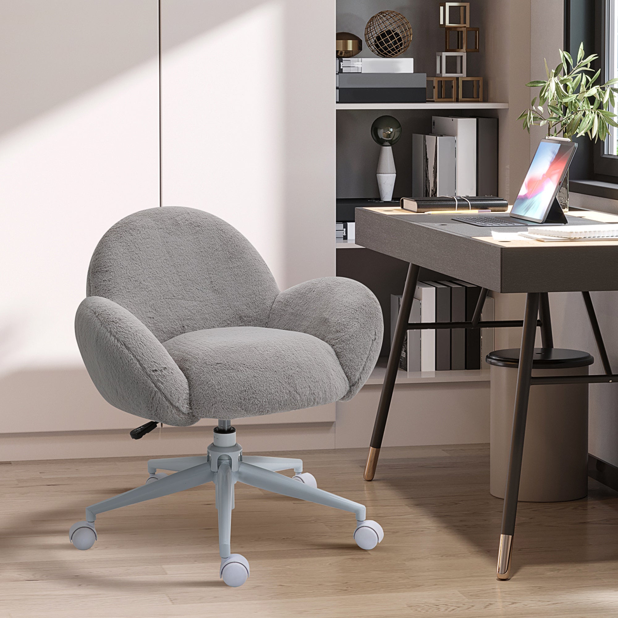 Fluffy Leisure Chair Office Chair with Backrest and Armrest for Home Bedroom Living Room with Wheels Grey