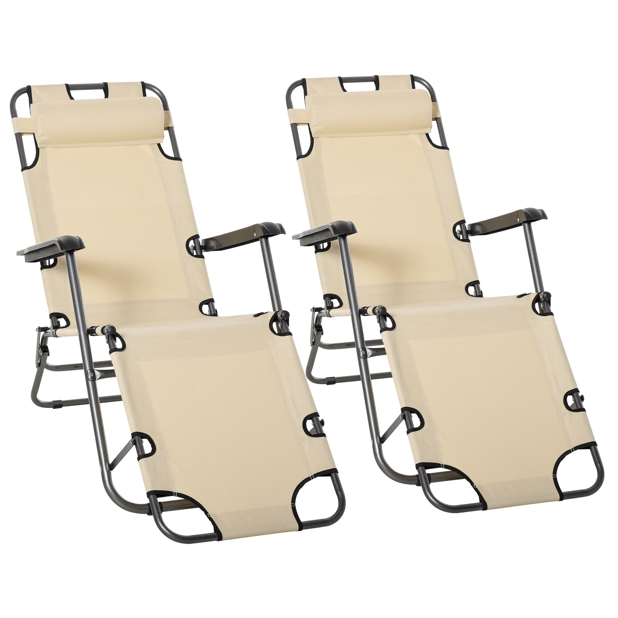 2 Pieces Foldable Sun Loungers with Adjustable Back, Outdoor Reclining Garden Chairs with Pillow and Armrests, Beige