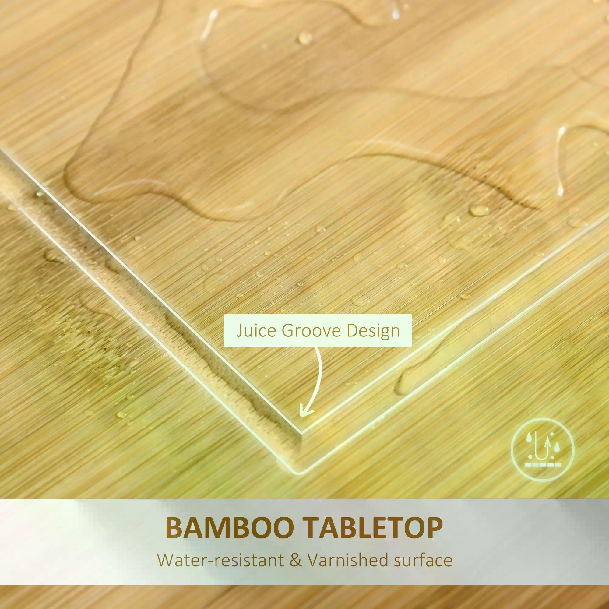 Rolling Kitchen Island Trolley Utility Cart on Wheels with Bamboo Table Top, Storage Cabinet, Drawer and Wire Basket - White