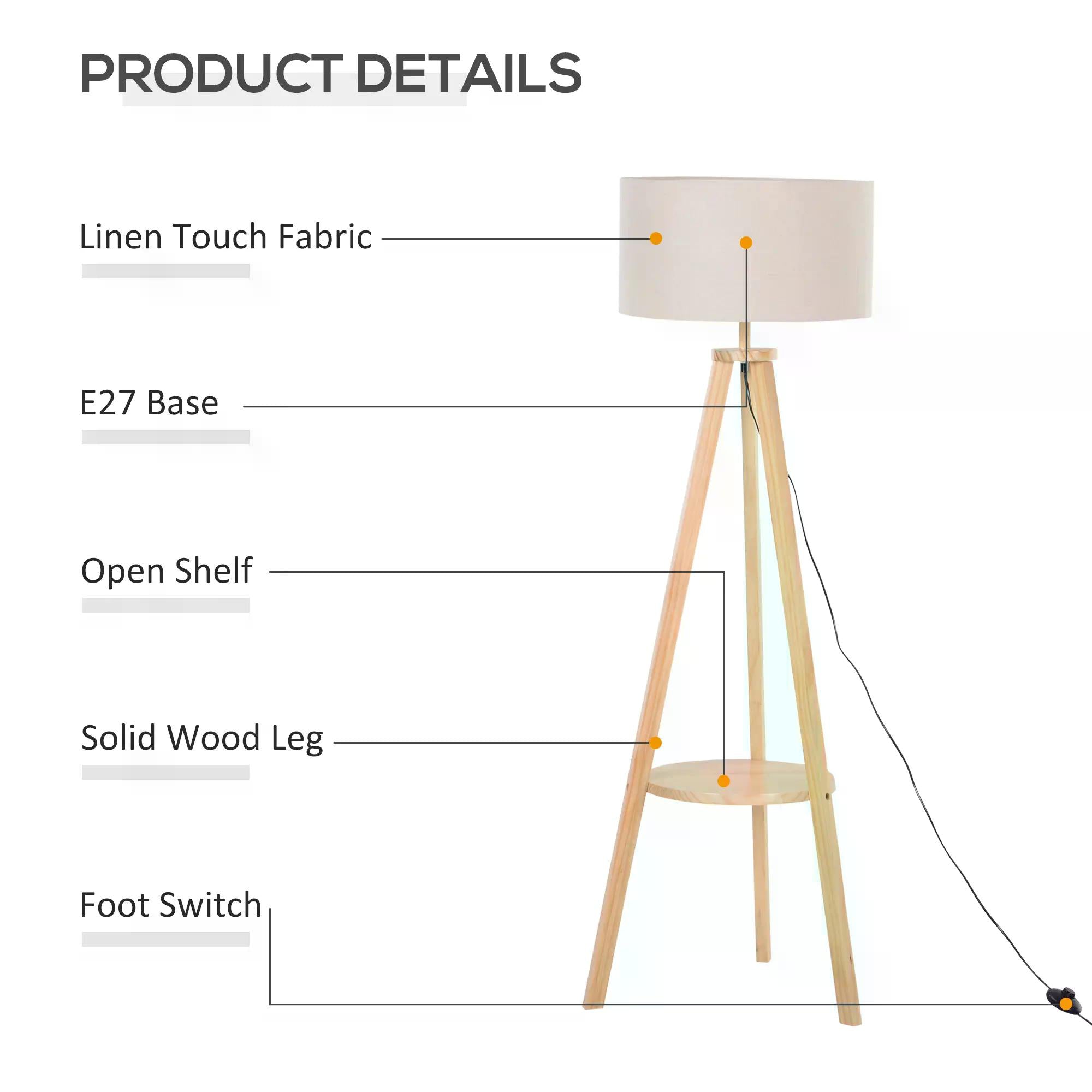 Freestanding Tripod Floor Lamp Bedside Light Reading Light with Storage Shelf Linen Shade for Living Room Bedroom, 154cm, Cream