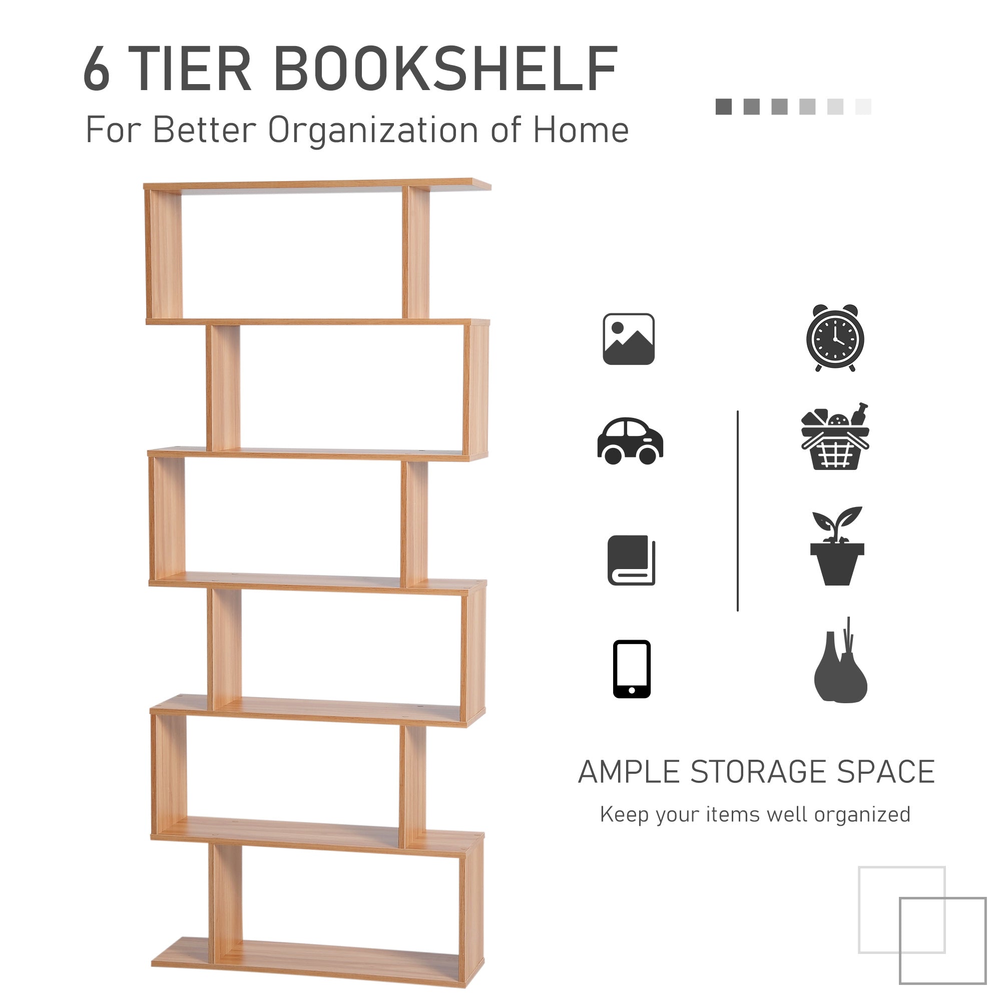 Wooden Wood S Shape Storage Display 6 Shelves Room Divider Unit Chest Bookshelf Bookcase Cupboard Cabinet Home Office Furniture (Maple)