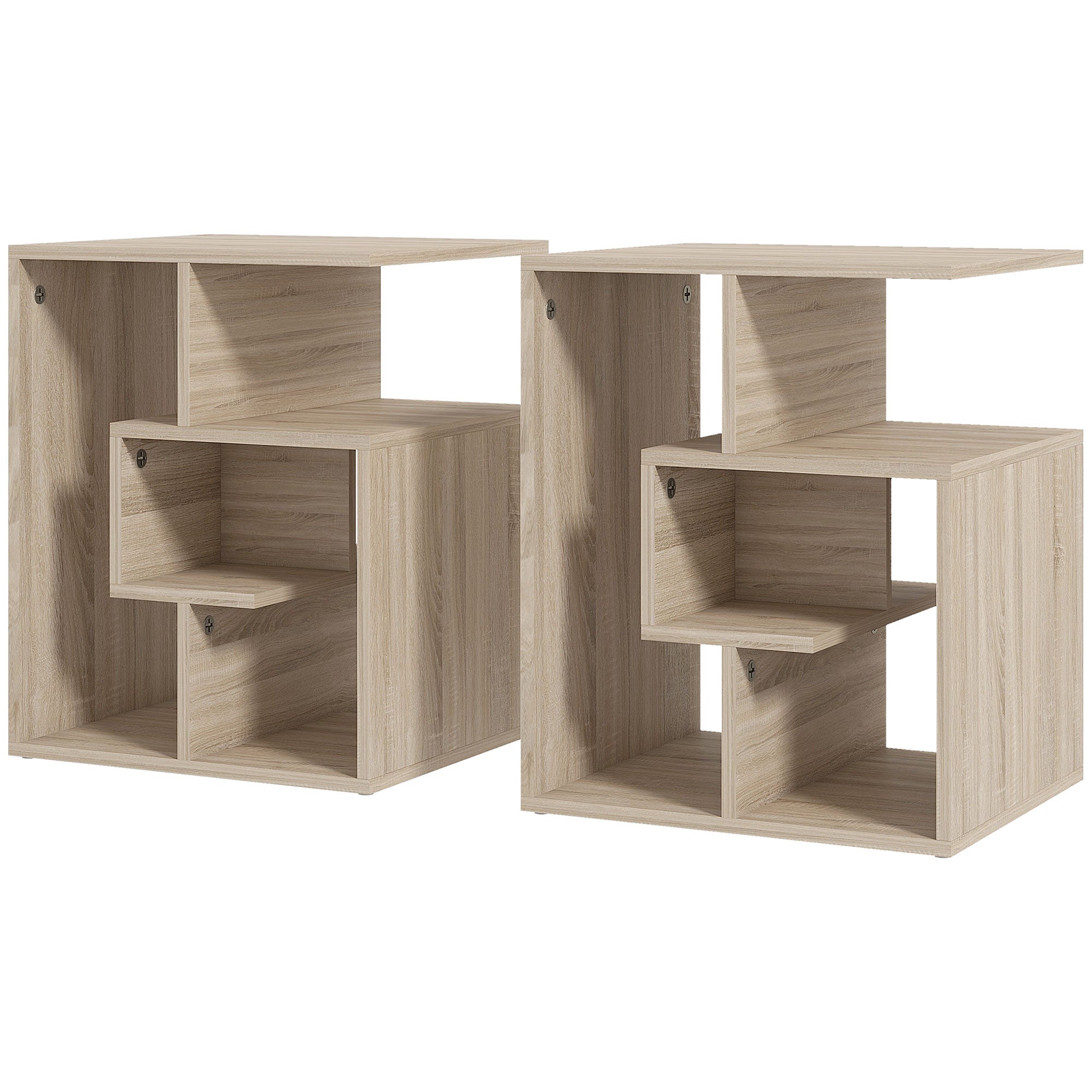 Side Table, 3 Tier End Table with Open Storage Shelves, Living Room Coffee Table Organiser Unit, Set of 2, Oak Colour