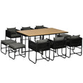 Patio 11-Piece PE Rattan Round Dining Set with Wood Grain Table Top 10-Seater - Black