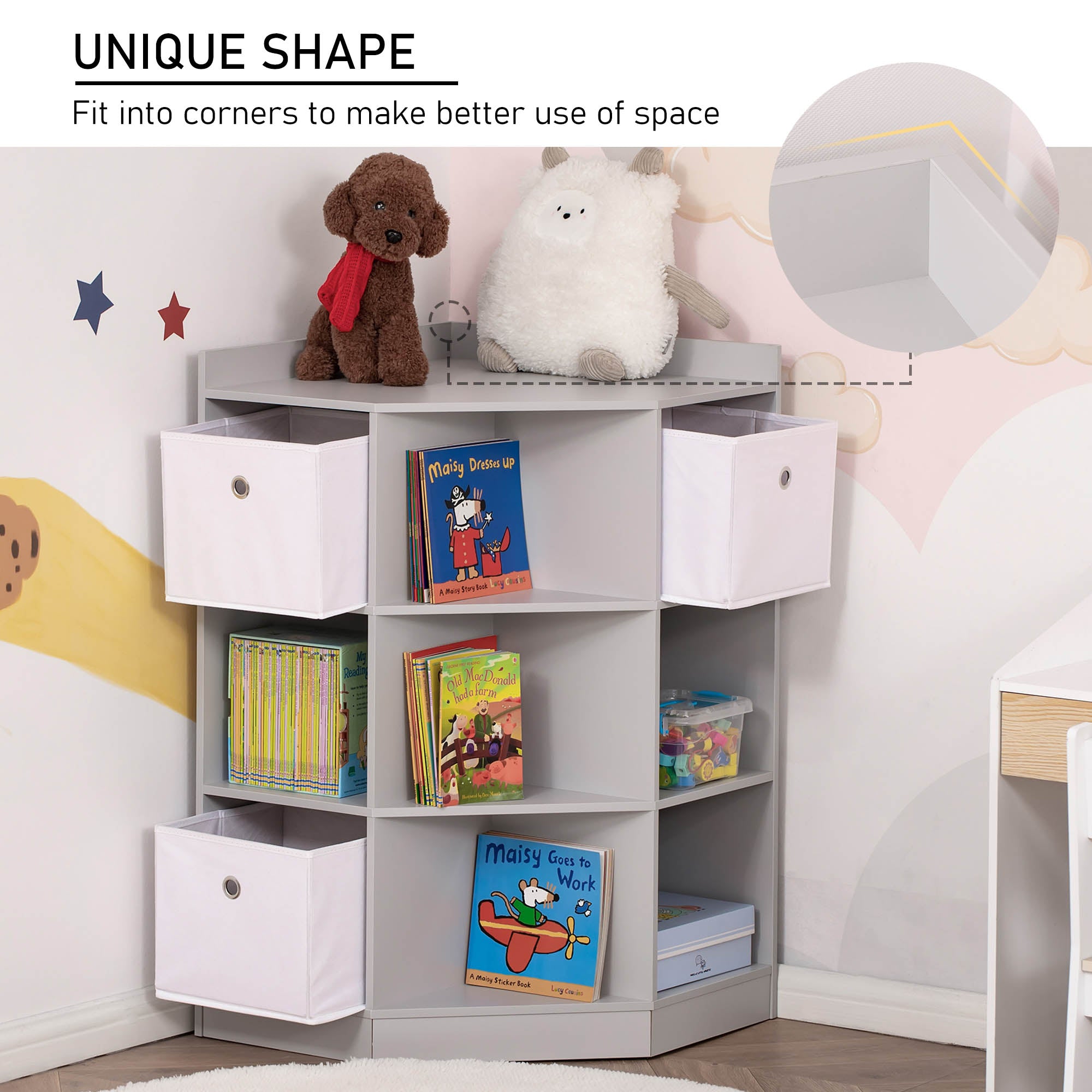 Kids Corner Storage Cabinet with Drawers and Anti-Tipping Hardware for Playroom or Bedroom - Grey