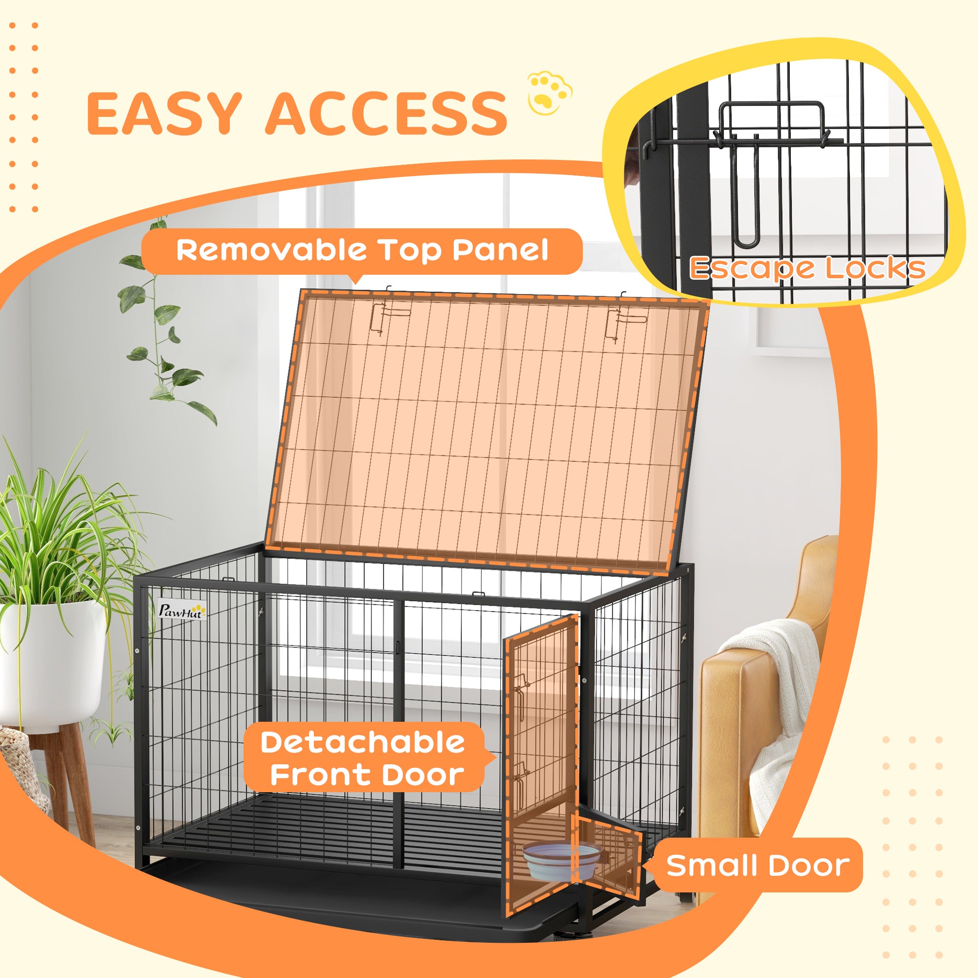 43" Heavy Duty Dog Crate on Wheels w/ Bowl Holder, Removable Tray, Detachable Top, Double Doors for L, XL Dogs