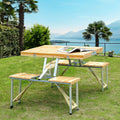 Portable Folding Camping Picnic Table and 4 Stools Set with Umbrella Hole - Wooden Wood