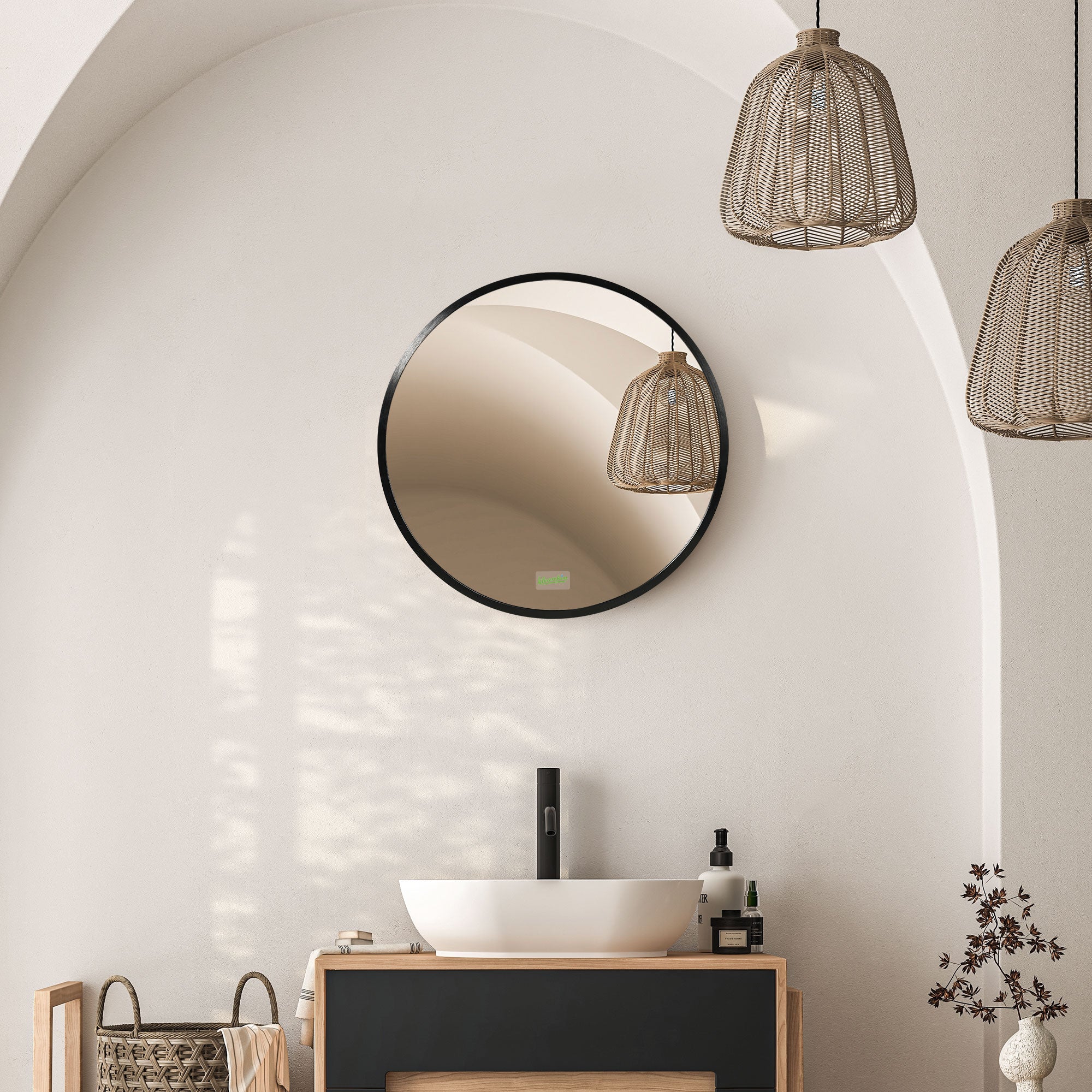 Round Bathroom Mirror, Modern Wall-mounted Makeup Mirror with Aluminium Frame for Washroom Living Room, Black, 40x40 cm