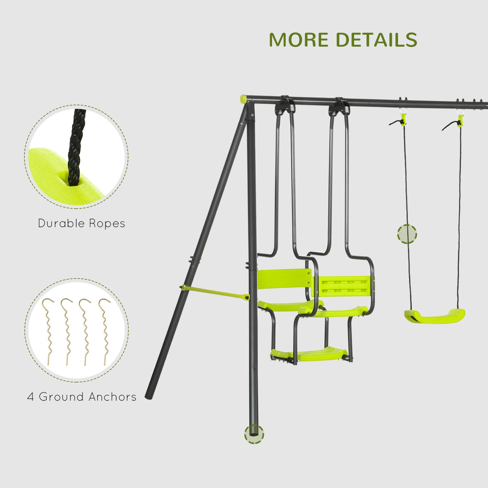 Metal Garden Swing Set with Double Swings Glider Swing Seats Green