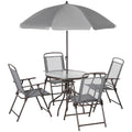 6 Piece Patio Dining Set with 4 Folding Chairs, Round Tempered Glass Table & Umbrella - Grey