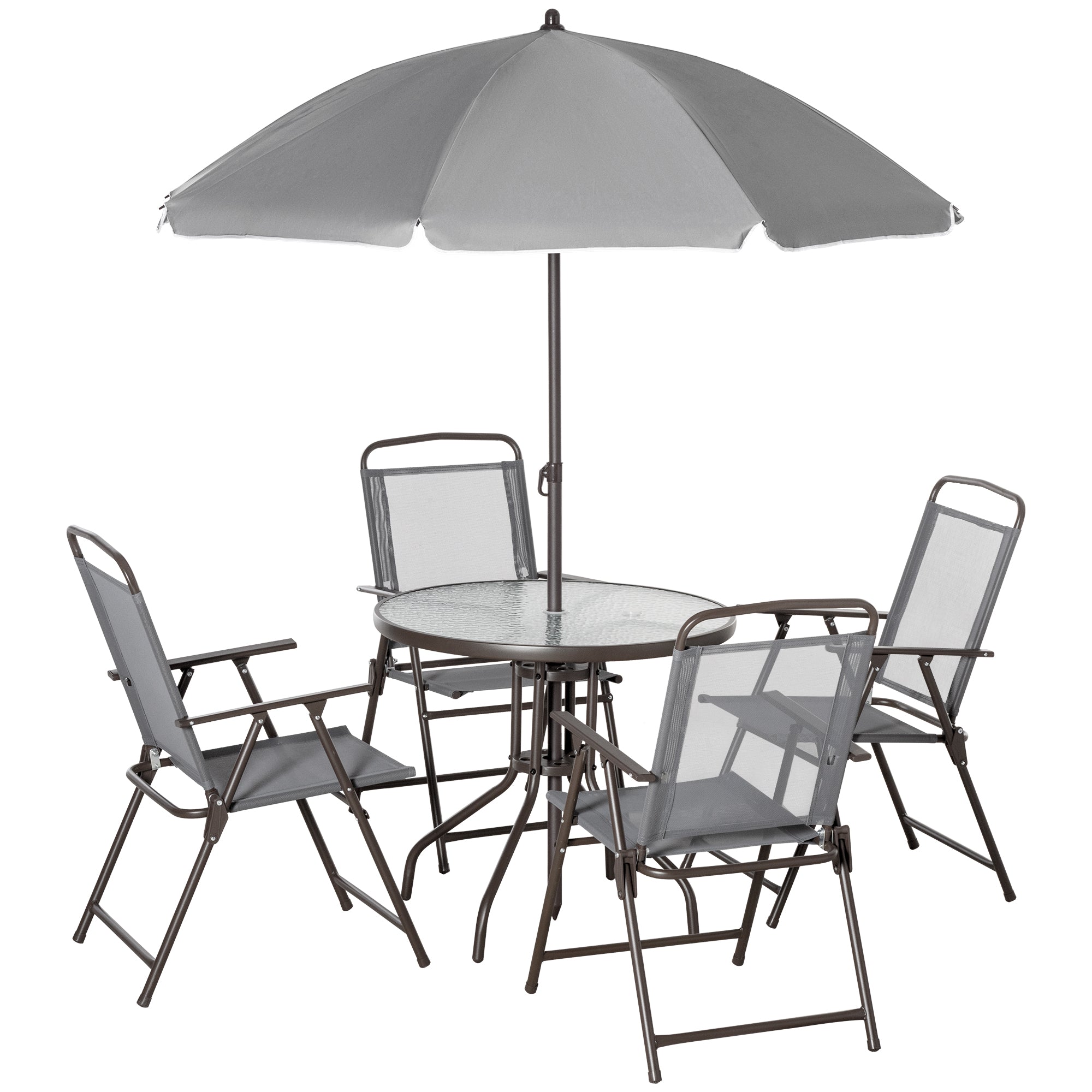 6 Piece Patio Dining Set with Umbrella, 4 Folding Dining Chairs & Round Tempered Glass Table for Garden, Backyard and Poolside, Grey