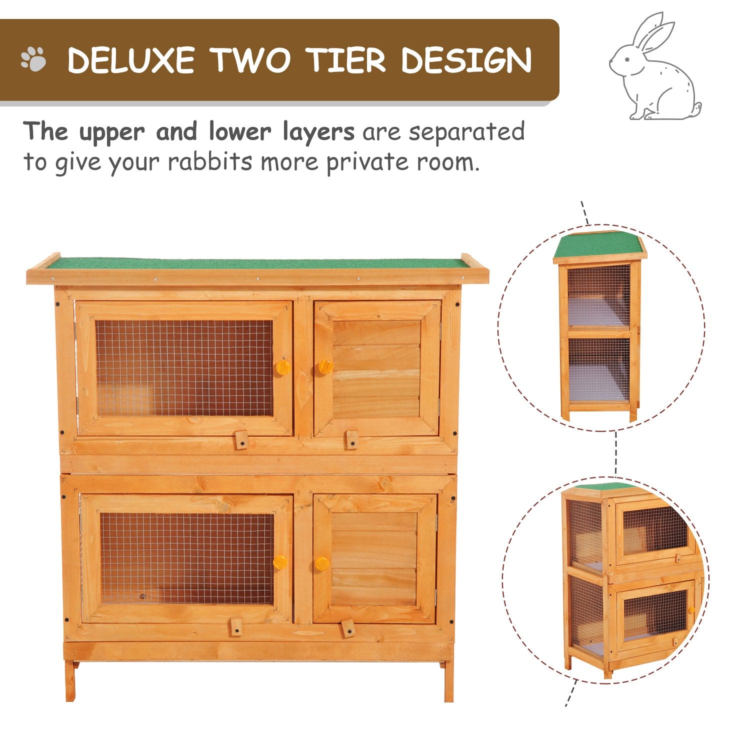 90cm 2 Tiers Rabbit Hutch Wooden Pet Cage W/ Run Bunny House